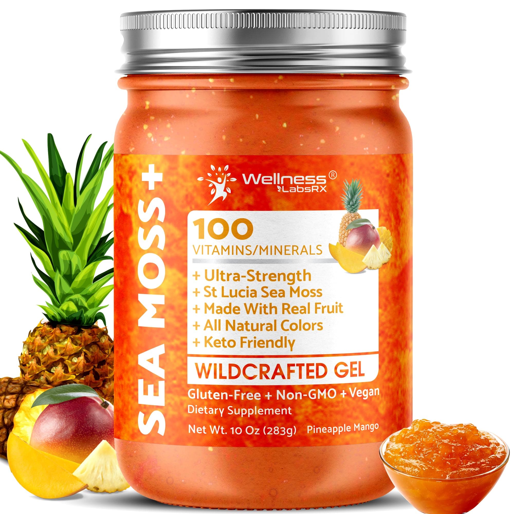 Irish Sea Moss Gel Raw - Wildcrafted Superfood Seamoss Gel - Pineapple Mango Flavor, Vitamin and Mineral-Rich from Pristine Caribbean Waters - 10 oz.