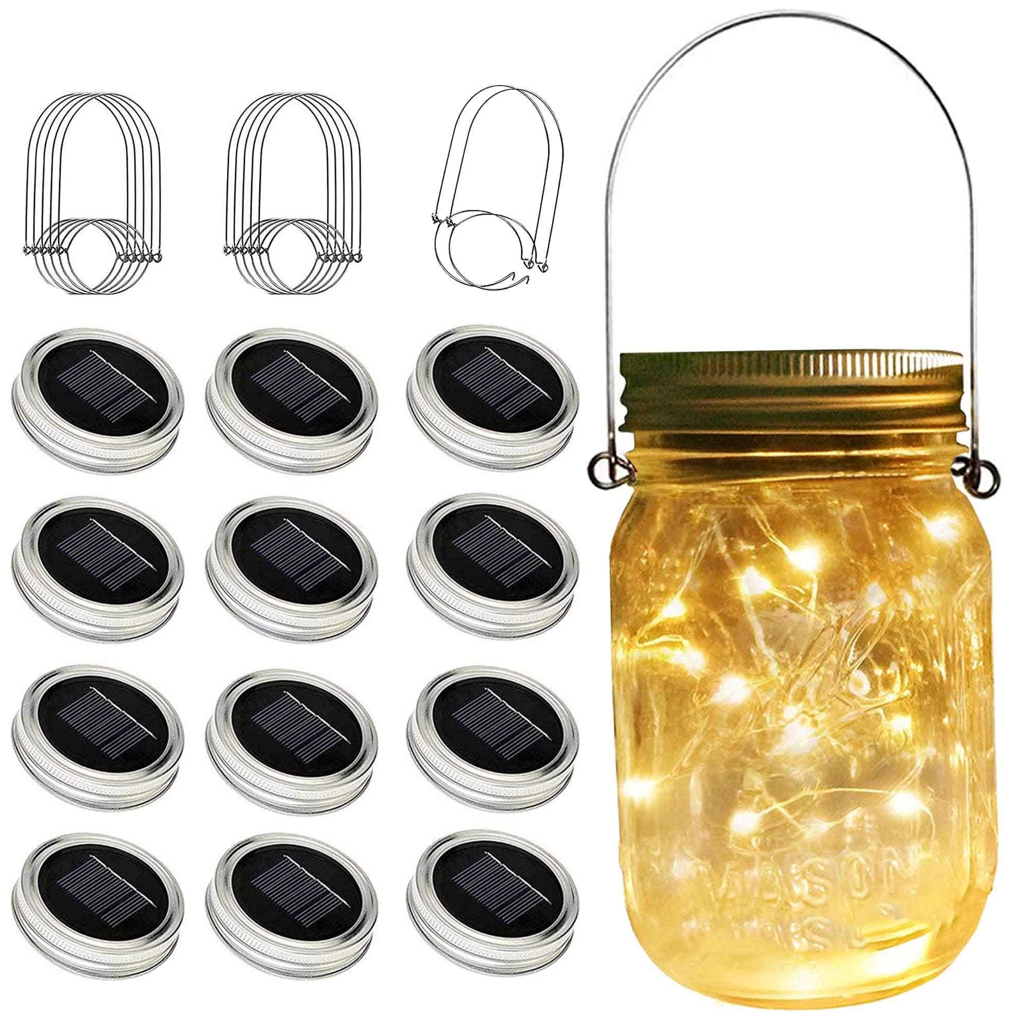 ZNYCYE Mason Jar Solar Lights for Outside, 12 Pack 30 LED Fairy Firefly Lights Mason Jar Solar Lids Outdoor Waterproof String Lights with Hangers(NO JARS) for Patio Garden Yard Lawn Decor - Warm White