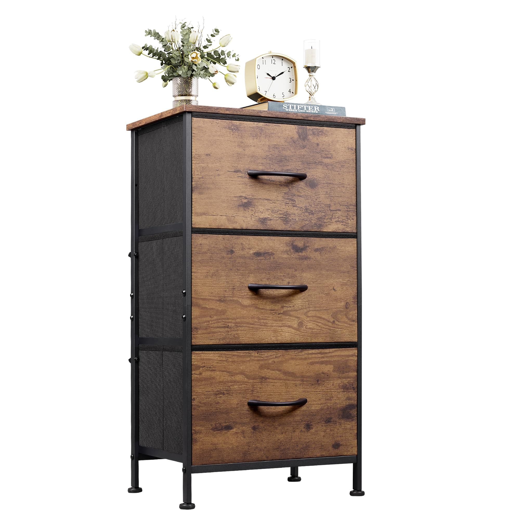 WLIVE Dresser with 3 Drawers, Fabric Nightstand, Organizer Storage Dresser for Bedroom, Hallway, Entryway, Closets, Sturdy Steel Frame, Wood Top, Easy Pull Handle, Rustic Brown Wood Grain Print