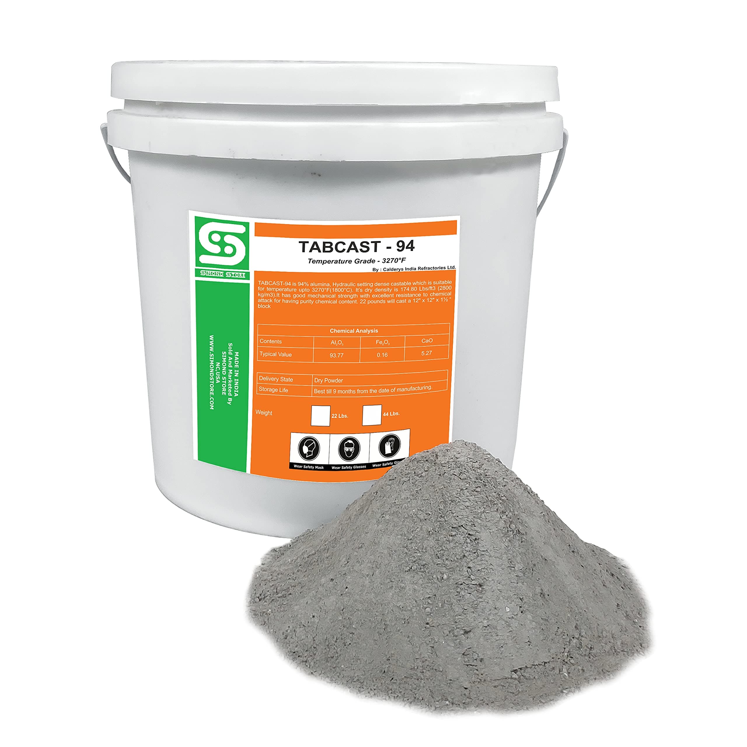 Castable Refractory Cement Dense - 94% Alumina - 3270°F Rated - High Temperature Castable Pre-Mixed Mortar for Foundry Furnace and Induction - 44 Lbs.
