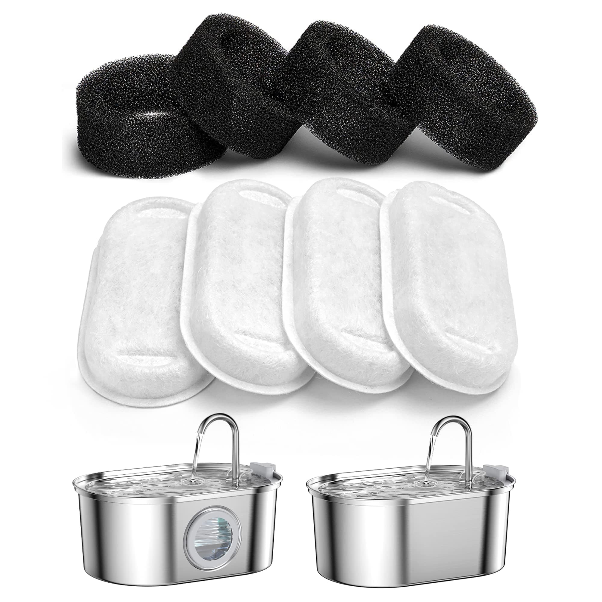 SOOFPET 8 Replacement Filters for 108oz/3.2L Stainless Steel Cat Water Fountain, Ultra Quiet Pet Fountain, 4 Pieces Carbon Filters + 4 Pieces Foam Filters