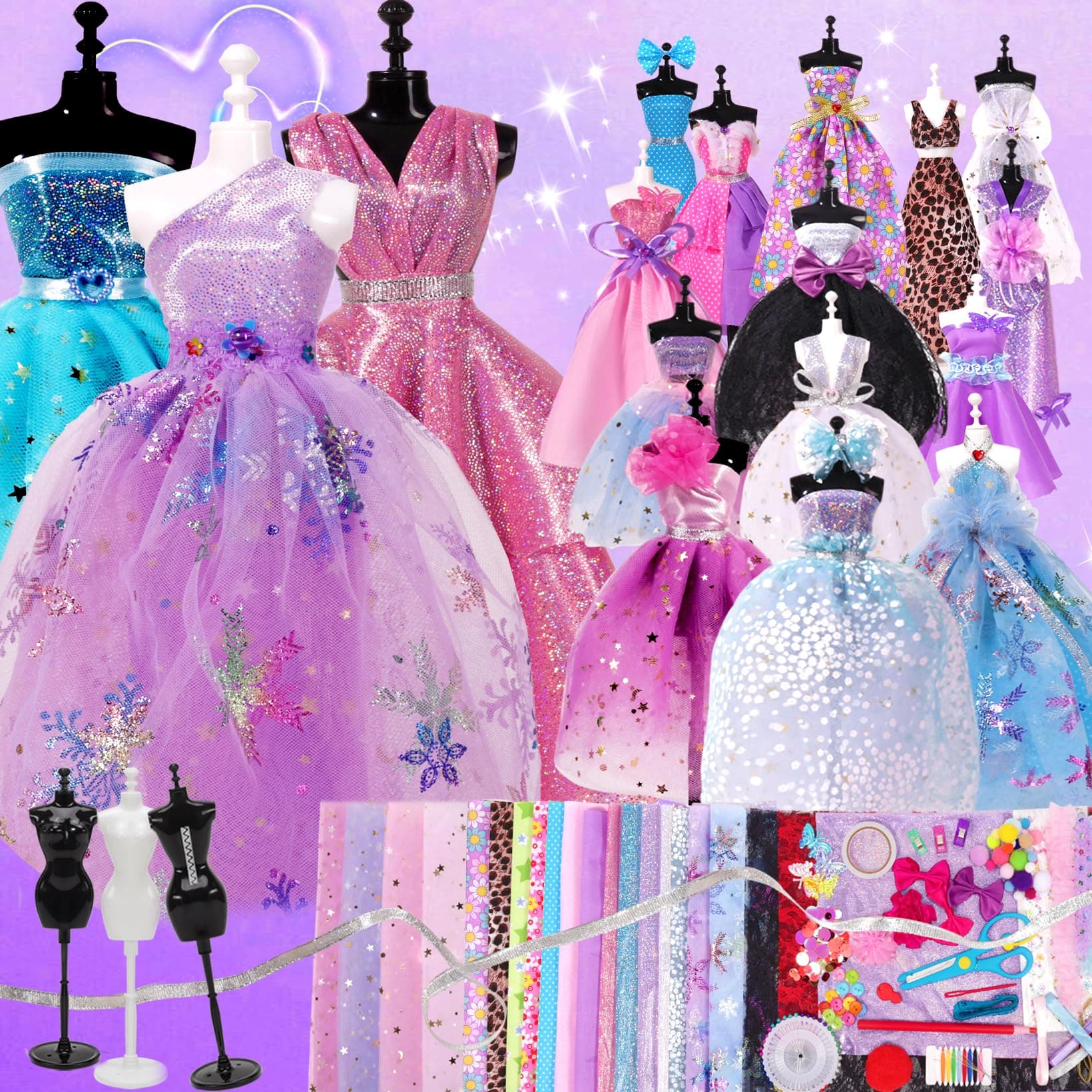 Rulwuck 500+Pcs Fashion Designer Kit for Girl - DIY Doll Clothes Making Set with 3 Mannequin - Arts and Crafts Kit - Doll Dress up Toys Sewing Kit for Kid Ages 6-12 - Gift Age 6 7 8 9 10 11 12