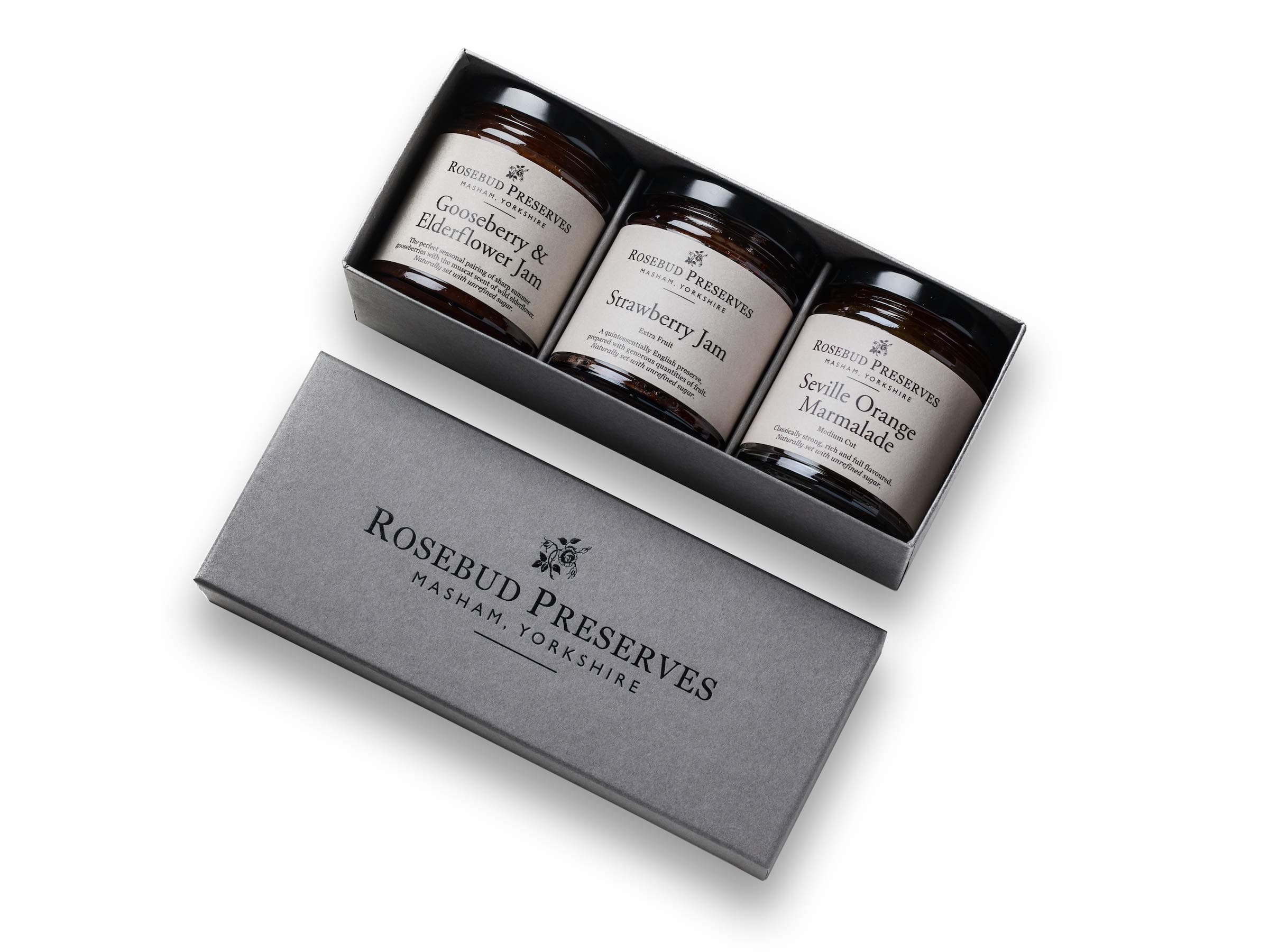 Rosebud Preserves | Sweet Preserves Gift Box | Gooseberry & Elderflower Jam | Strawberry Jam | Seville Orange Marmalade | Delightful Treat | Vegan and Vegetarian | Gluten & Allergen Free | 594 g