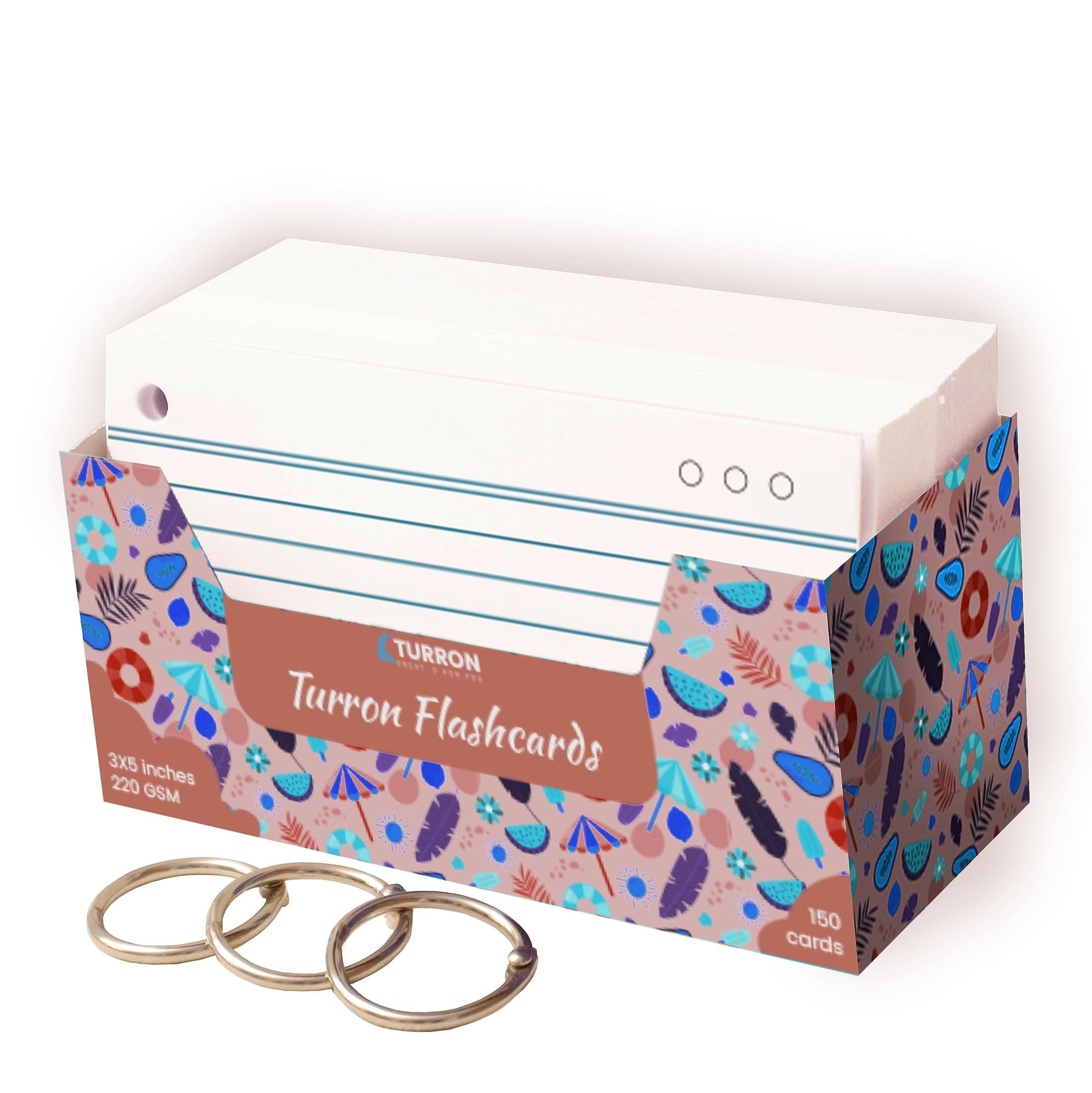 Turron Both Sides Ruled Index Flash Cards - Suitable for Study, Home and Work Notes - Free Binder Rings - 220 GSM Thick - 3 x 5 inches
