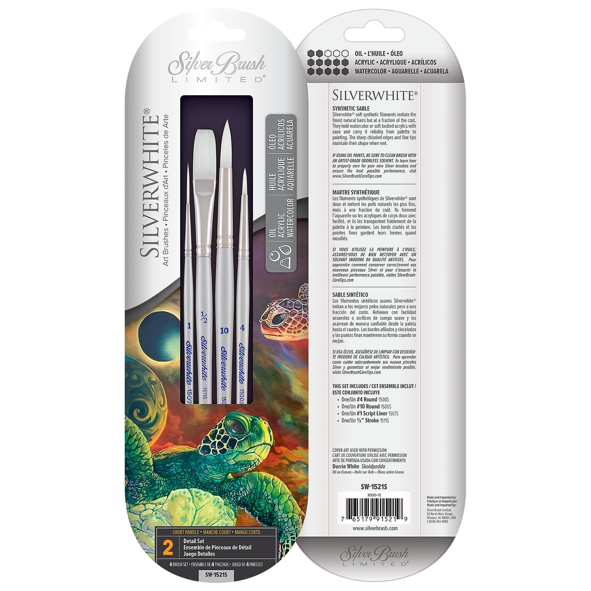 SW-1521S Silverwhite Detail Set, 4pc Short Handle Professional Premium Artist Painting Set for Watercolor, Gouache, Inks, Dyes, Acrylics, Script Liner, Stroke, and Round Brushes