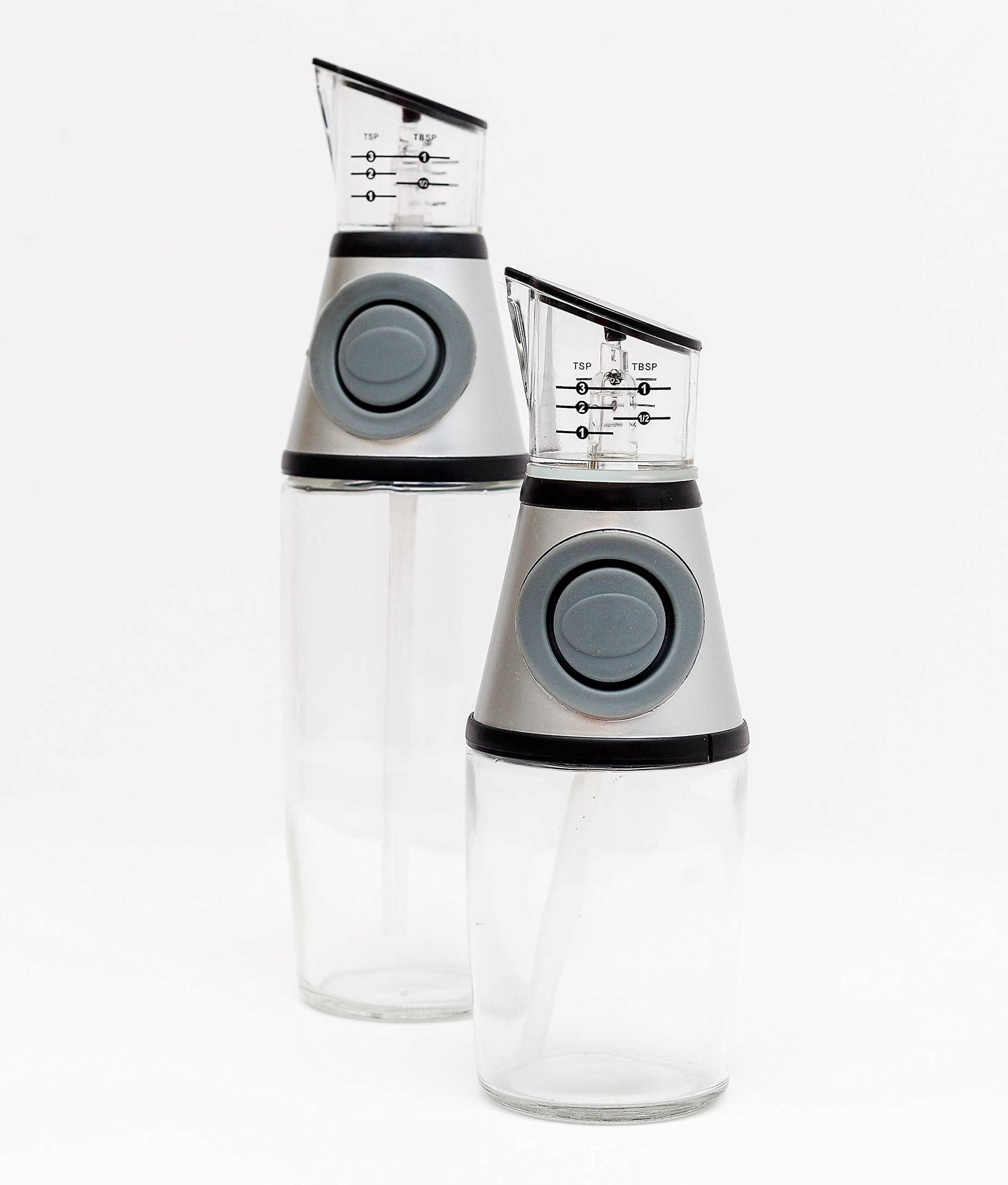 PLUSH HOME Precise Olive Oil and Vinegar Glass Bottle Dispenser - Single Hand Operation Silicone Pressure Pump & Unique Dripless Pour Spout COMBO PACK (11 Ounce/325 Milliliter & 17 Ounce/503 Millil