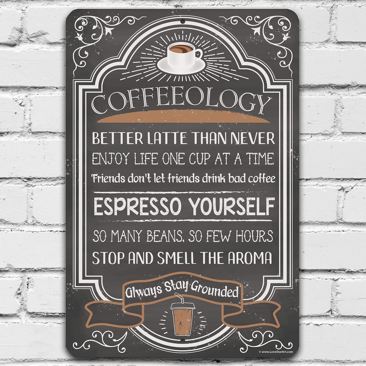 Coffeeology Coffee Quotes - Durable Funny Tin Metal Coffee Sign - Use Indoor/Outdoor - Vintage Wall Decor & Coffee Accessories for Coffee Bar, Restaurant, Cafe, Kitchen and Dining Room (8" x 12")?