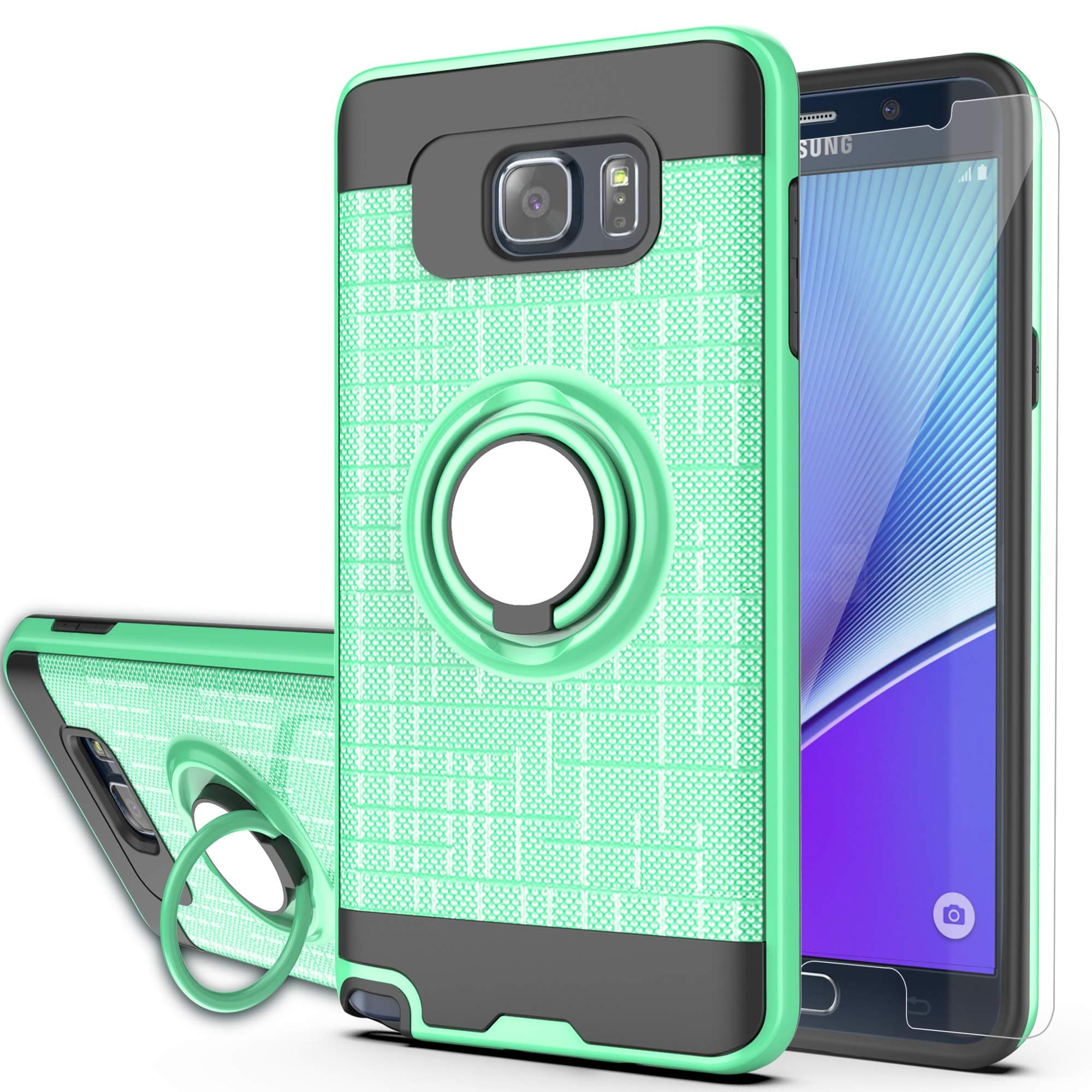 YmhxcY Note 5 case Galaxy Note 5 Case with HD Screen Protector, 360 Degree Rotating Ring & Bracket Rubber Dual Layer Shock Bumper Resistant Back Cover for Samsung Galaxy Note 5-ZH Mint