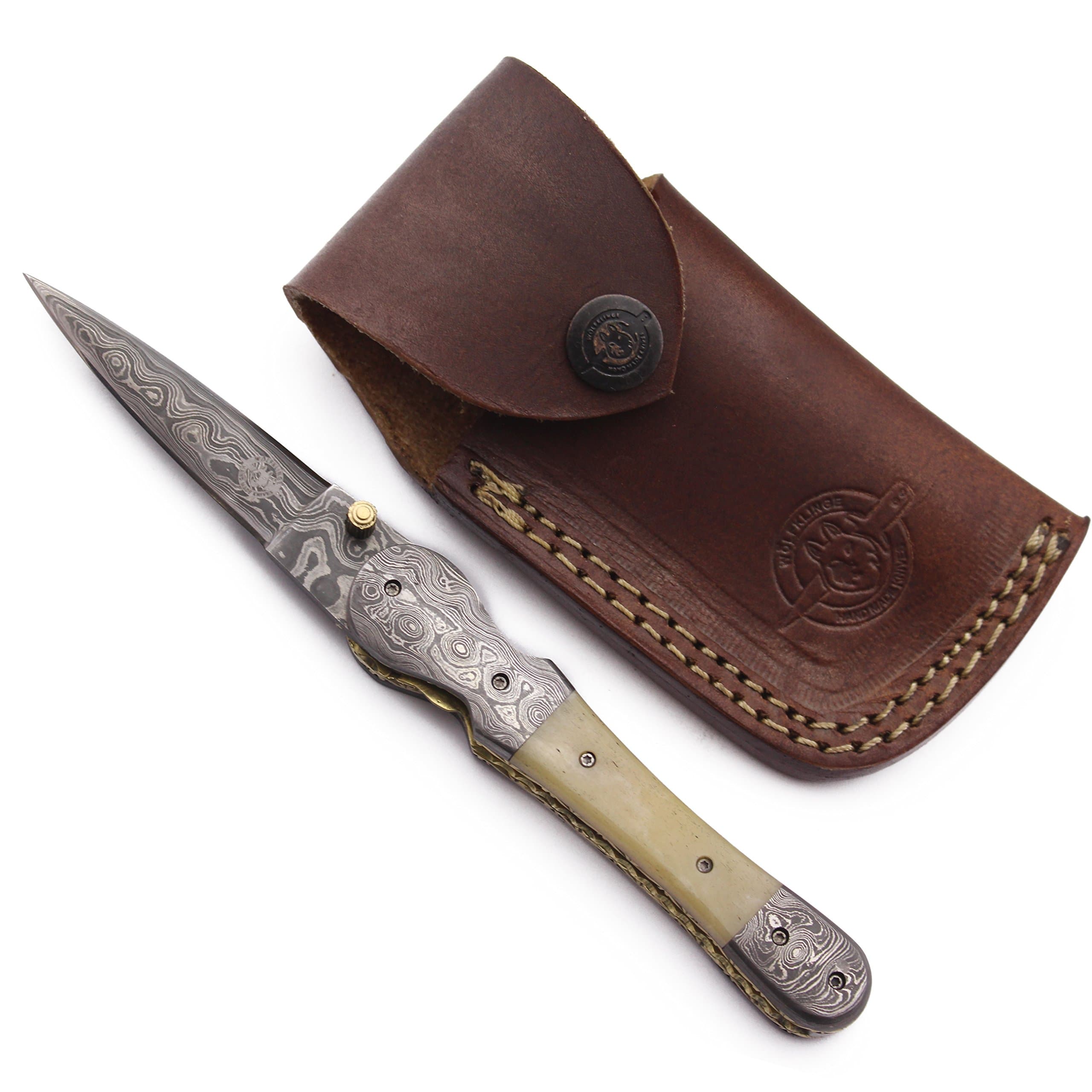 Handmade Damascus Steel Folding Tactical Knife – Ultimate Outdoor Gear for EDC, Hunting, Survival, Camping, and Fishing – Spear Point, Full Tang Camel Bone Handle, with Premium Cowhide Leather Sheath – DCX17-73