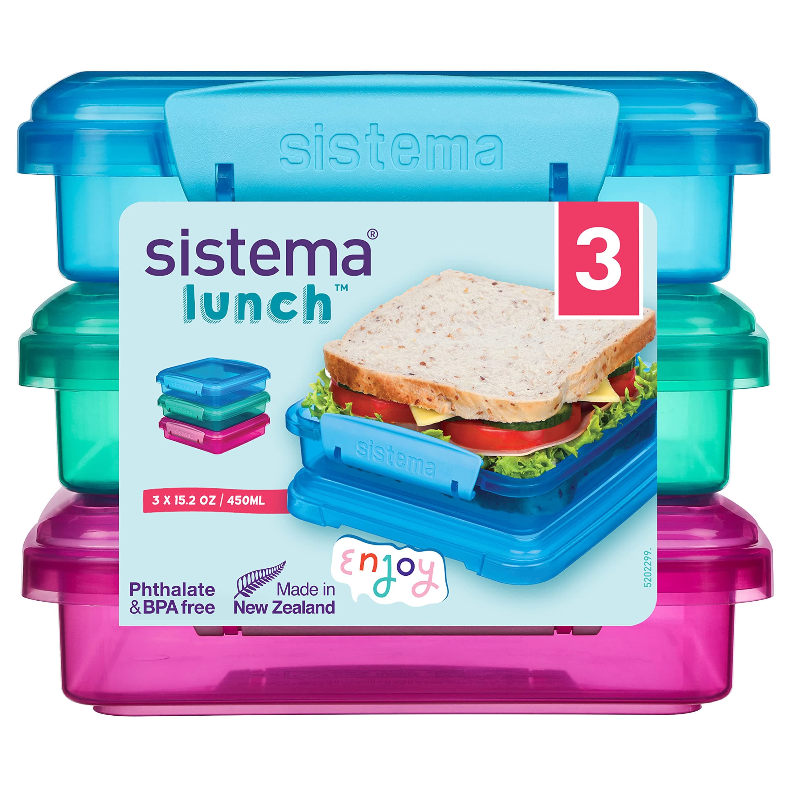 3-Piece Sandwhich Containers for Lunch Boxes and Meal Prep, Dishwasher Safe, 1.9-Cup, Blue/Green/Pink