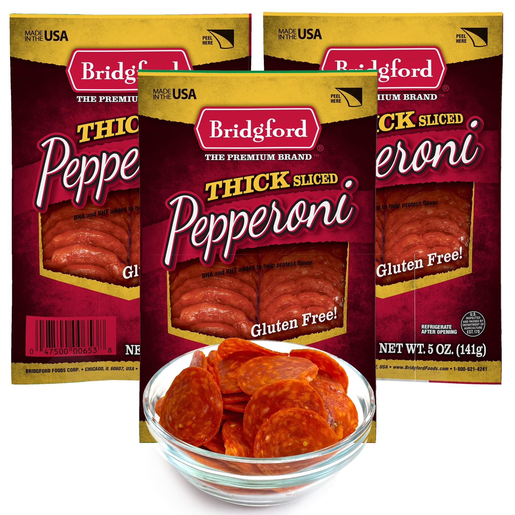 Bridgford Thick Sliced Pepperoni 5 oz Pack of 3 - Thick Pepperoni Slices for Pizza and Sandwiches - Zero-Carb Thick Sliced Pepperoni for Keto Diets - Ready-to-Eat Snacks for On-The-Go Snacking