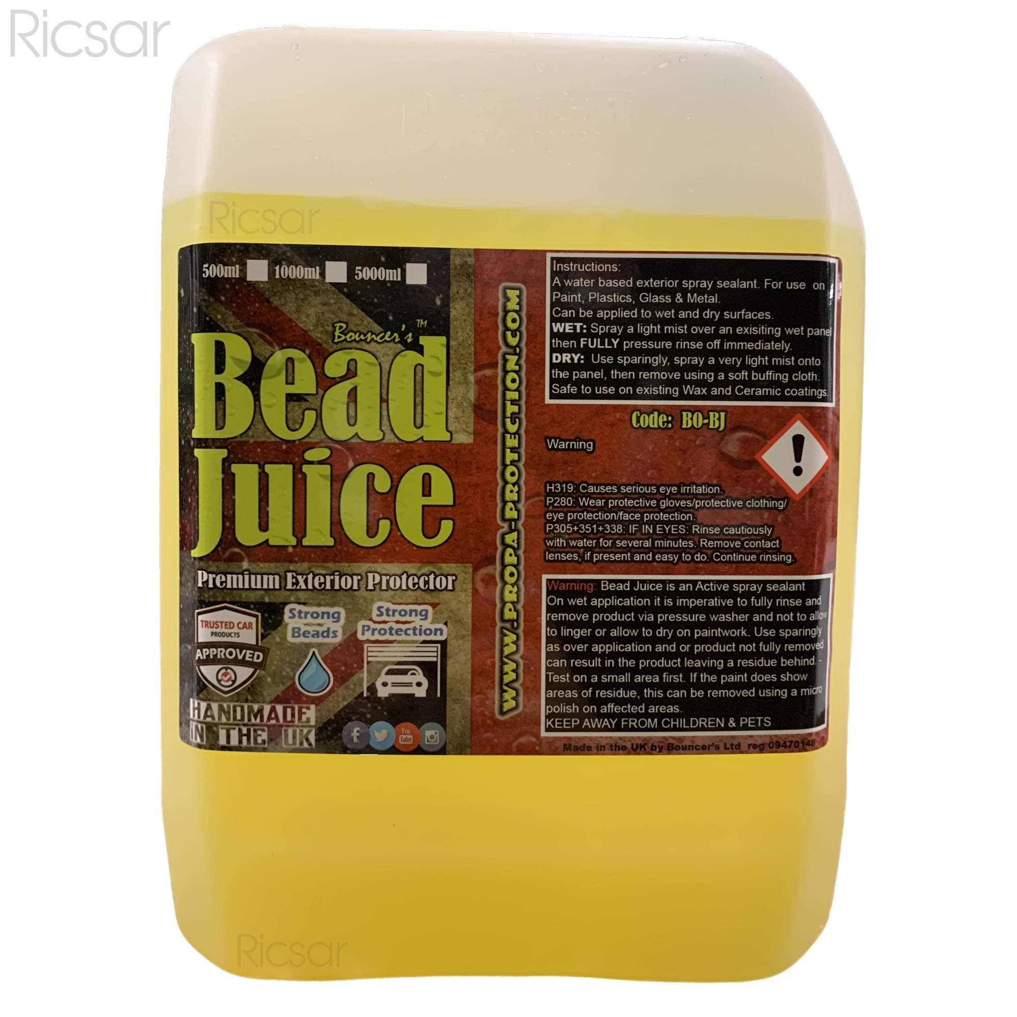 Bouncer's Bead Juice Exterior Nano Tech Spray Sealant - Easy to Use Spray on Rinse off Sealnt, High Durability, Beading and Sheeting (5000ml/5 Litre)