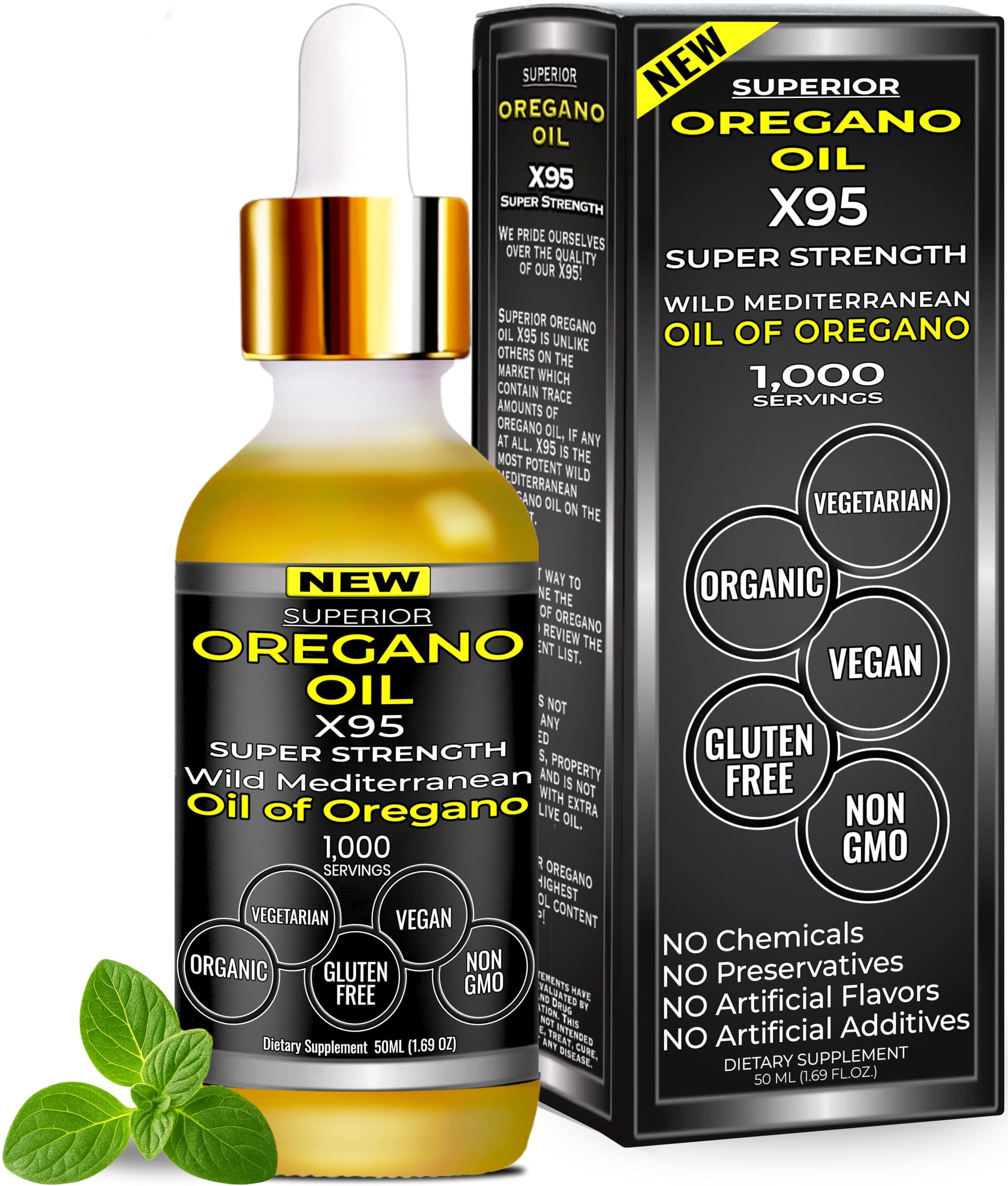 Organic Oregano Oil Drops - 1,000 Servings, 12 Month Supply, Wild Oil of Oregano 9X Carvacrol, Immune & Digestive Support, Non-GMO, Food Grade Herbal Supplement, Alternative to oil of Oregano Tincture