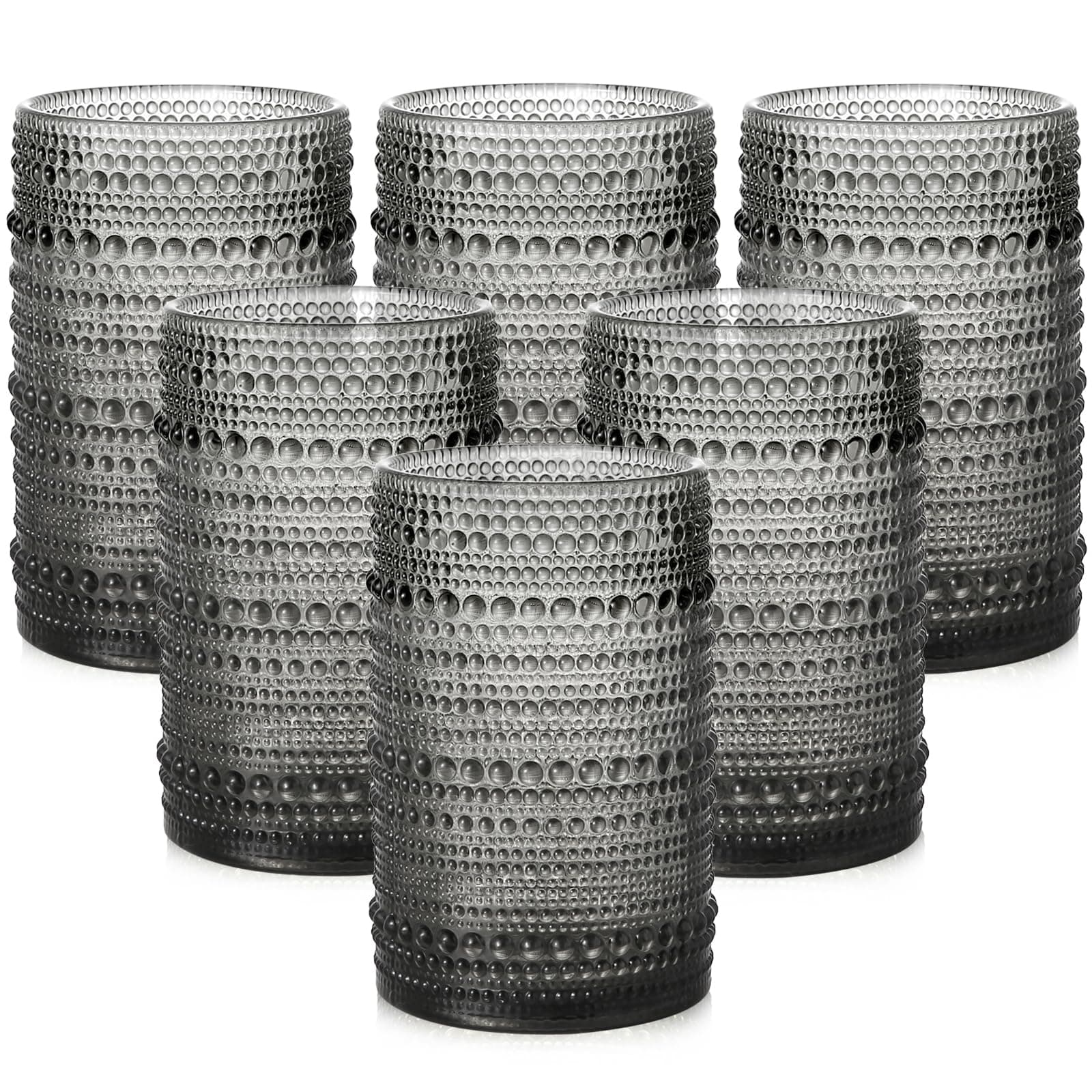 Vintage Glassware Drinking Glasses Set of 6,15 oz Hobnail Glass Cups,Embossed Grey Water Tumbler,for Beer,Cocktail,Whiskey,Juice and Various Mixed Drinks- 1 Cleaning Brush