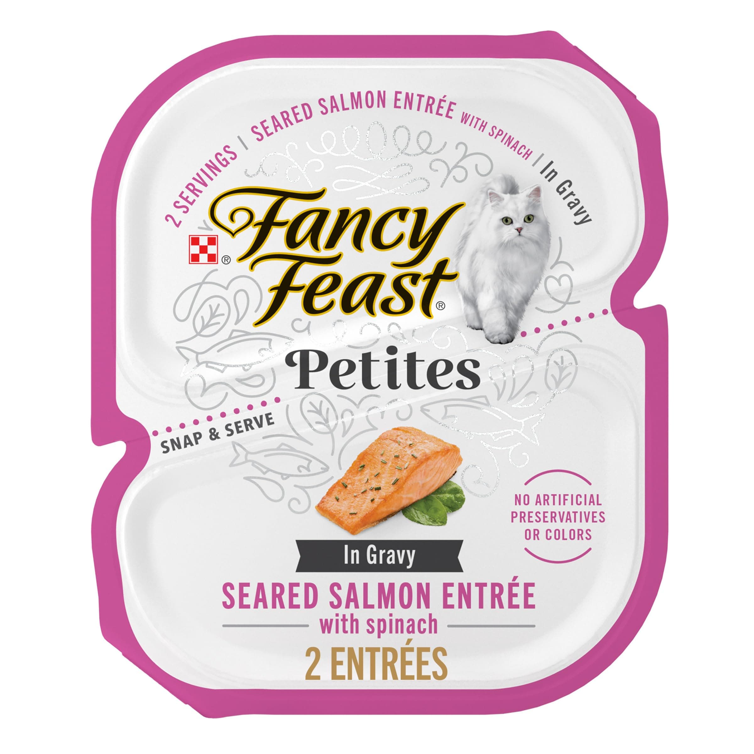 Purina Fancy Feast Gourmet Gravy Wet Cat Food, Petites Seared Salmon With Spinach Entree - (12) 2.8 oz. tubs