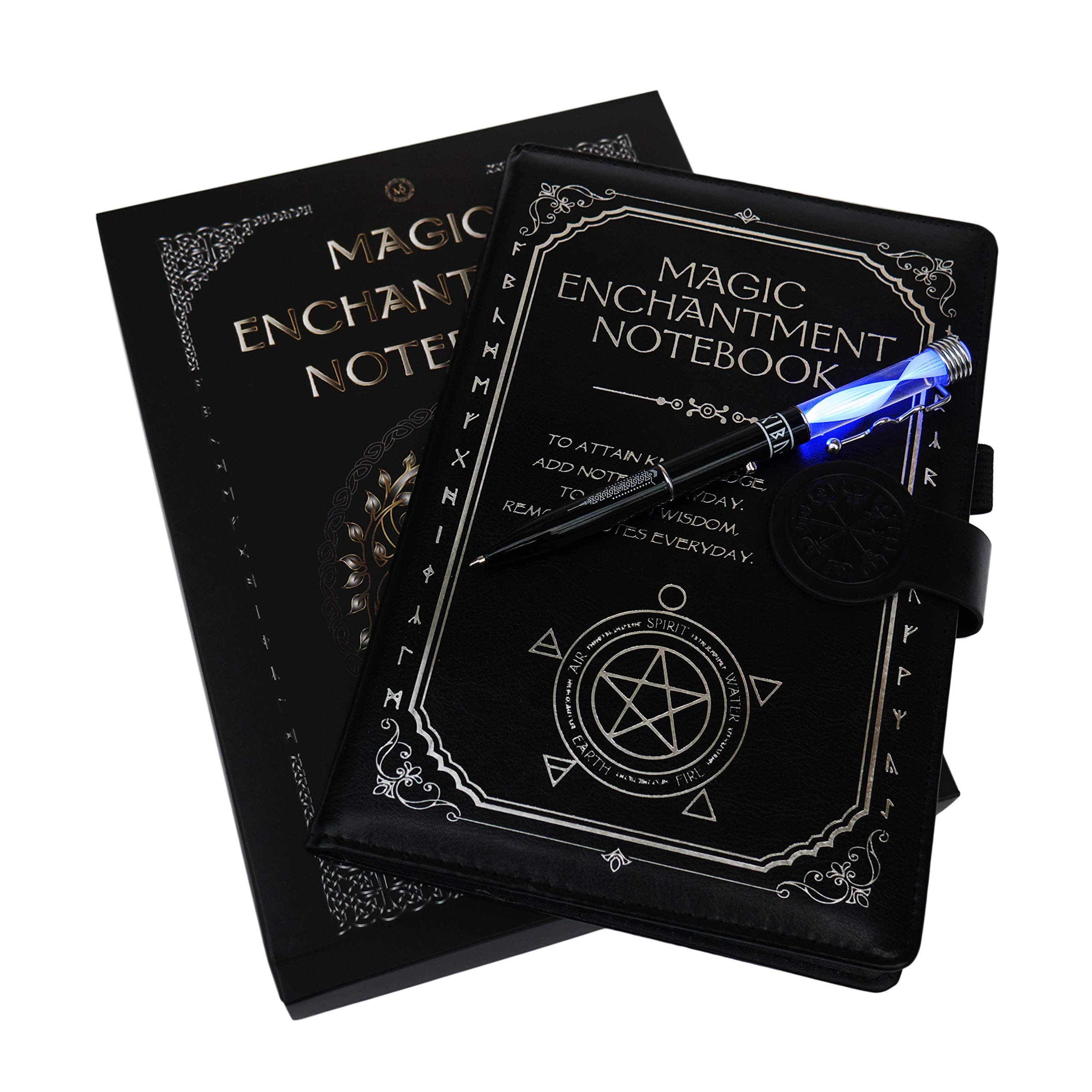 Magic Composition Notebook Notepad with Color Light Pen - Novelty Gothic Spell Book with Magical Runes Stationery Set (Black)