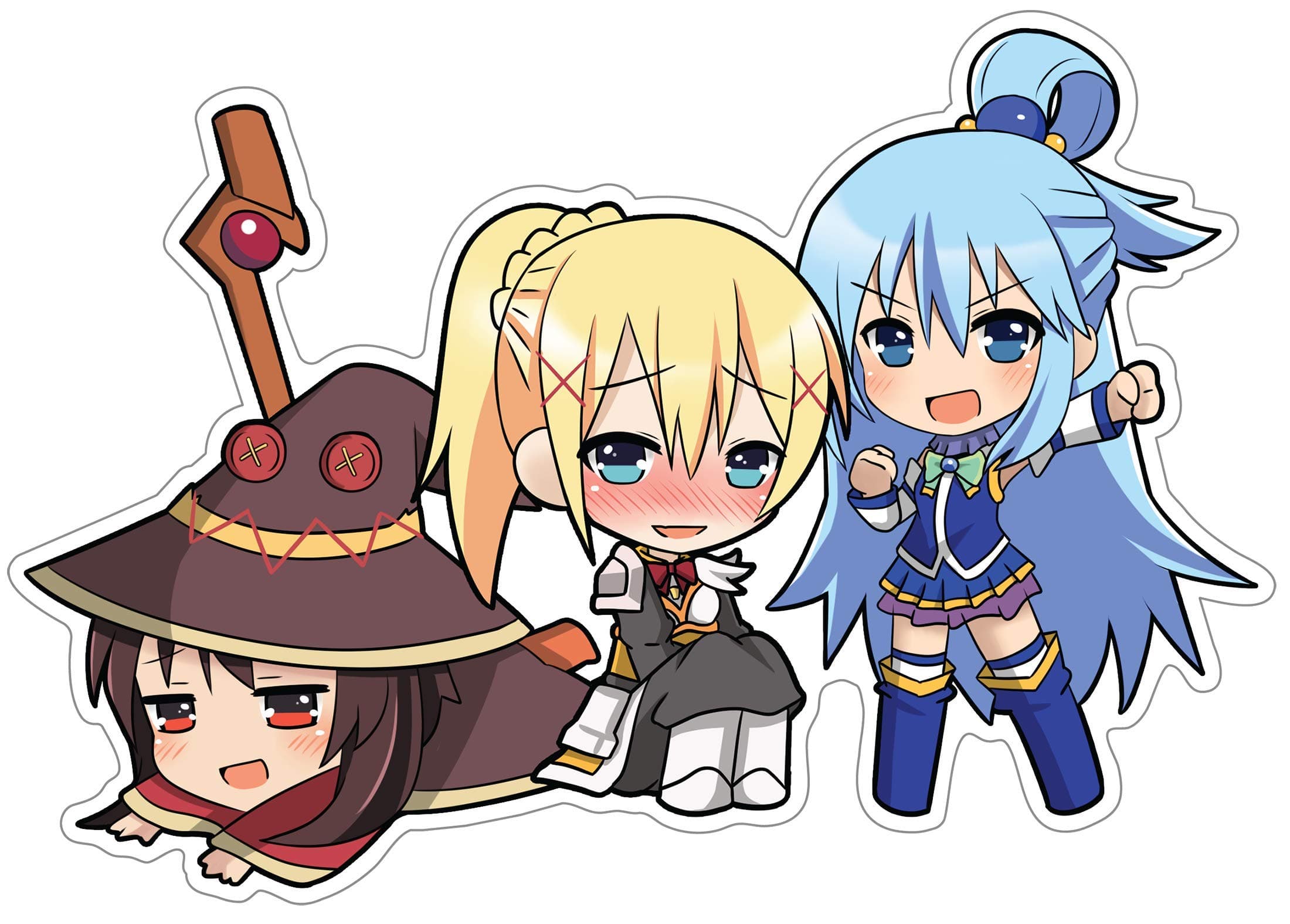 Konosuba - Aqua, Megumin, Darkness Chibi Anime Decal Sticker for Car/Truck/Laptop (5.0" x 6.9")