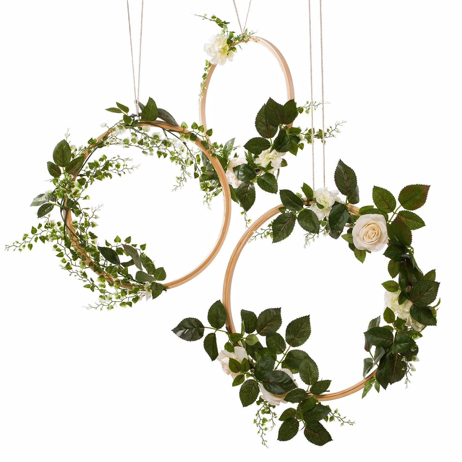 Ling's moment Greenery & Ivory Rose Wooden Hoop Wreath for Wedding Flowers, Bridal Showers, Baby Shower, Birthday Decor, Floral Wreath for Backdrop, Table Wreath Garland (Set of 3)
