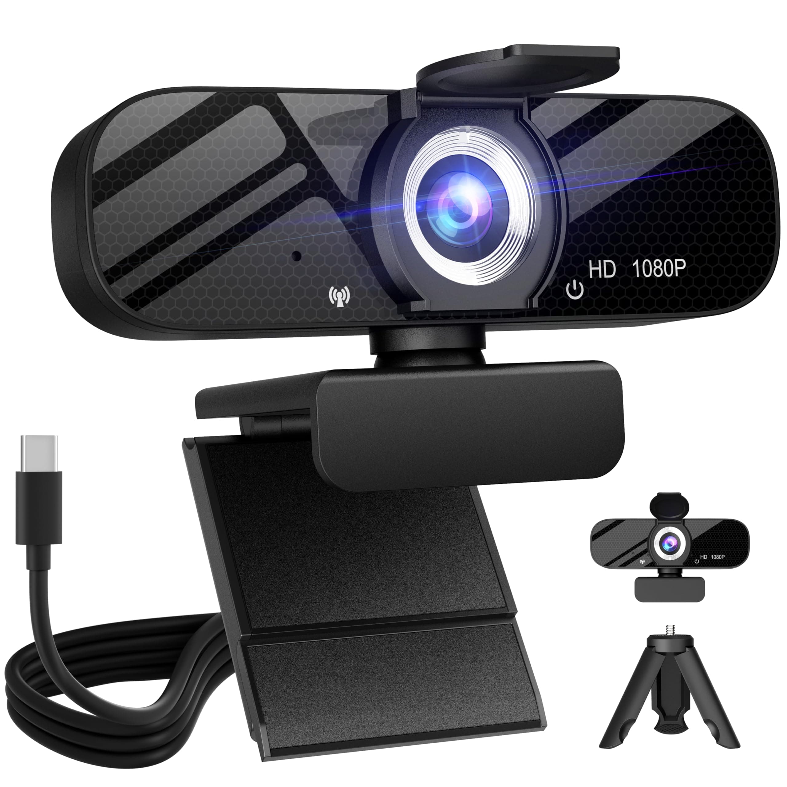 Full HD 1080P Video Webcam and Wide Angle Camera with Built-in Microphone and Rotatable Tripod,for Laptop Computer or Desktop PC,Great for Live Streaming.(Webcam with Type C Cable)
