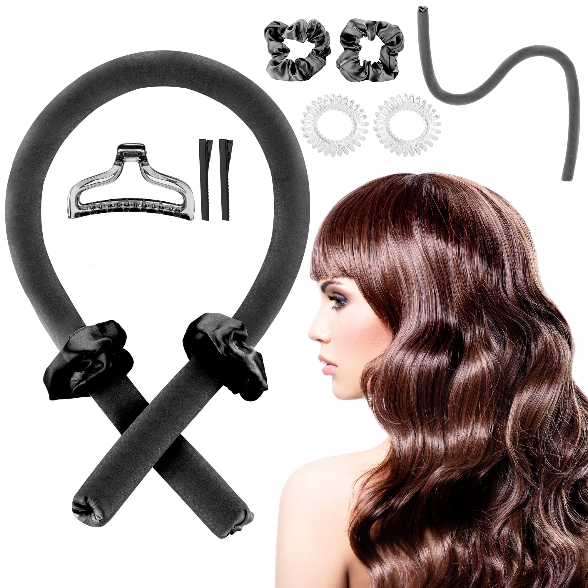Heatless Curling Rod Headband, Heatless Hair Curler Set of 8 No Heat Curls Ribbon with Hair Clips and Scrunchie, Sleeping Curls Silk Ribbon Natural Soft Wave DIY Hair Rollers (Black)