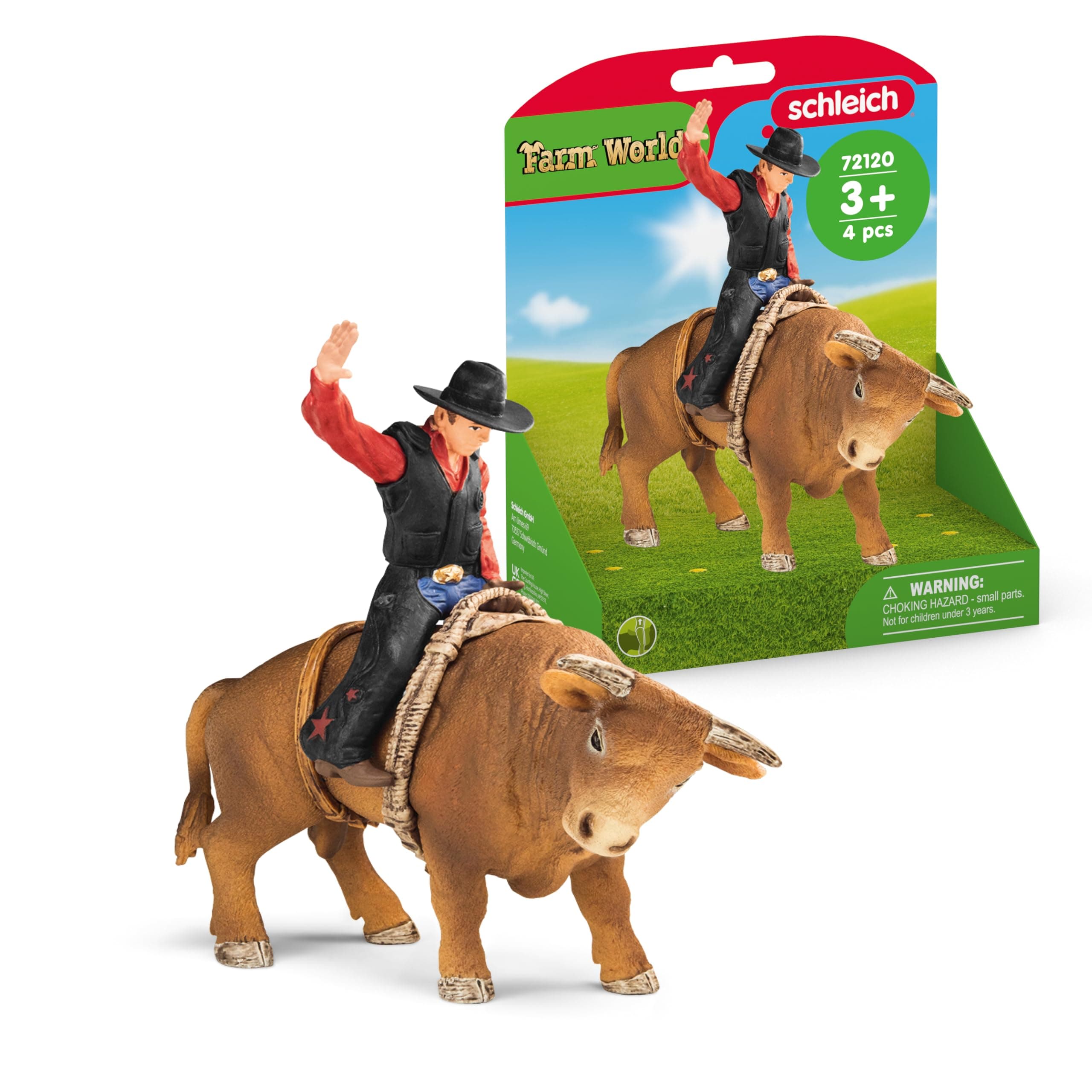 Farm World - 4PC Bull Riding Playset with Cowboy Figurine - Rodeo Toy Set with Realistic 7” Bull Figure and Detachable Rider - Durable Cowboy Toys for Imaginative Play - Kids Ages 3+ | 72120