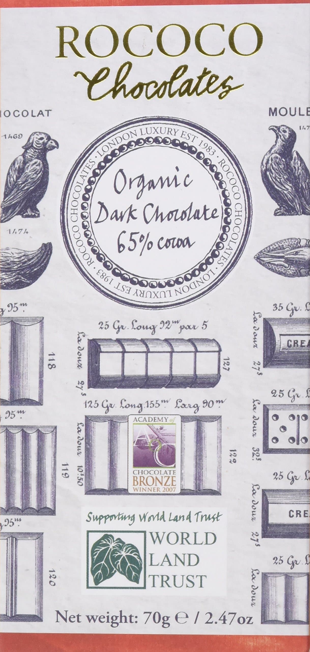 Rococo Chocolates Organic 65 Percent Cocoa Dark Chocolate Bar 70 g (Pack of 2)