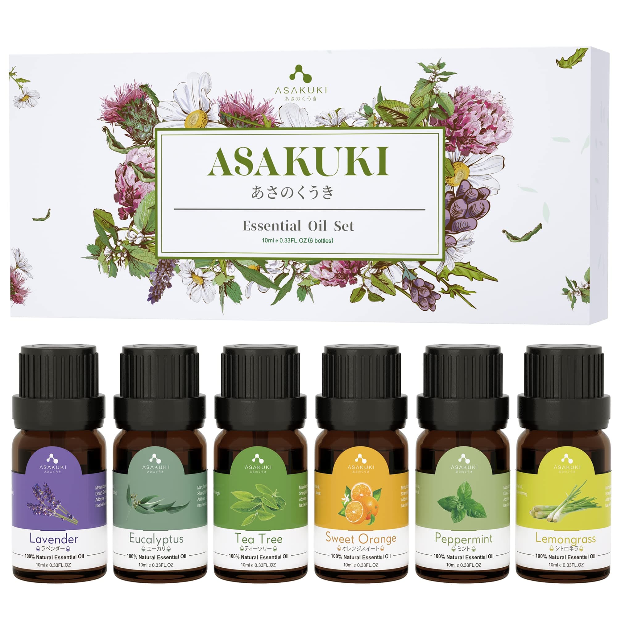 Essential Oils Set, Starter Kit for Diffusers for Home Top6 Aromatherapy Gift - 6 Bottles*10mL(Lavender, Eucalyptus, Lemongrass, Tea Tree, Sweet Orange, Peppermint)