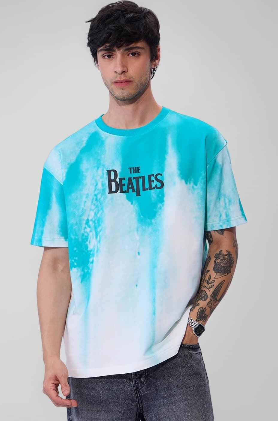 The Souled Store The Beatles: Logo Men and Boys Short Sleeves Round Neck Blue and White Ombre Cotton Oversized T-Shirts