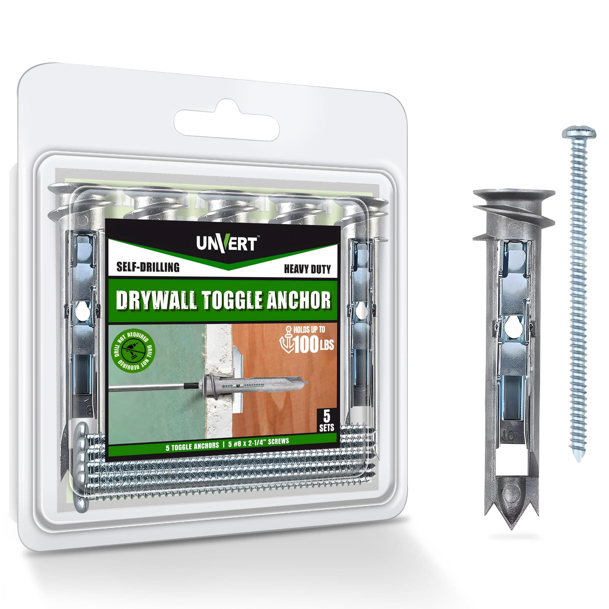 Metal Zinc E-z Ancor Toggle Kit, Heavy Duty Zinc Self Drilling Drywall Anchor Toggle Anchors with Fitting Phillip Screws #8 x 2-1/8 -, Holds up to 100 Lb. (5 Pack)