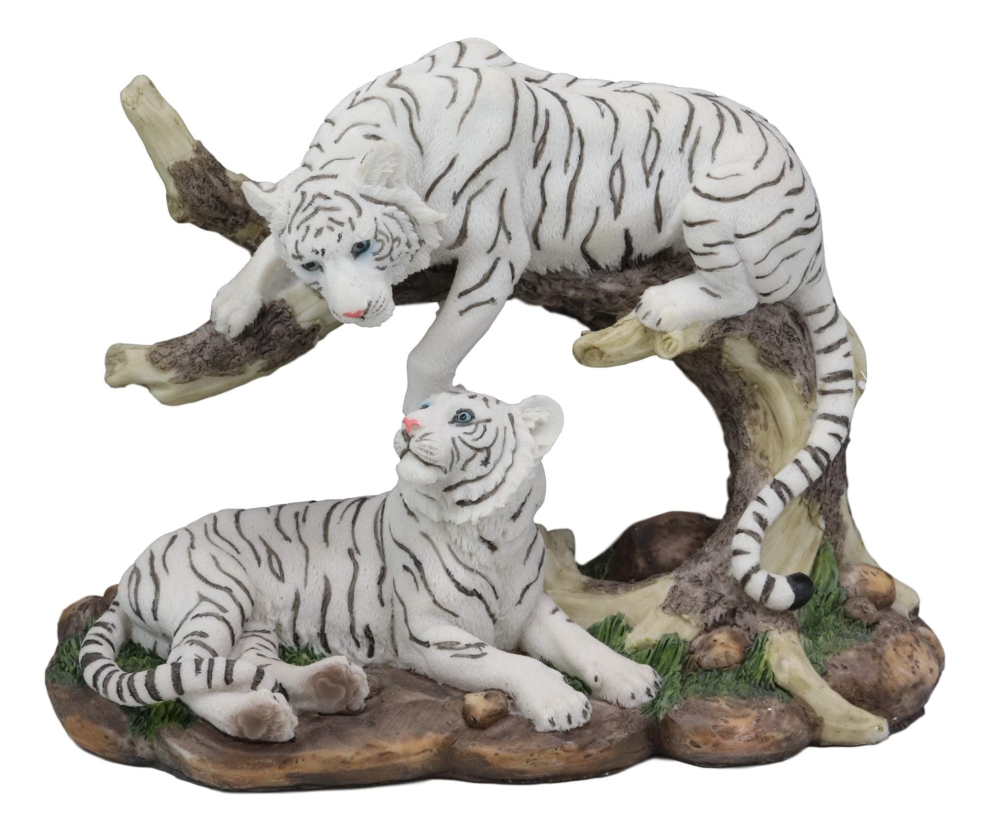 Ebros 9.25" Wide Albino Bengal White Tiger Couple Playing by Curved Tree Branch Statue As Predator Forest Tigers Giant Cats Jungle Frolic Decorative Figurine Perfect for Shelves Desktops Accent