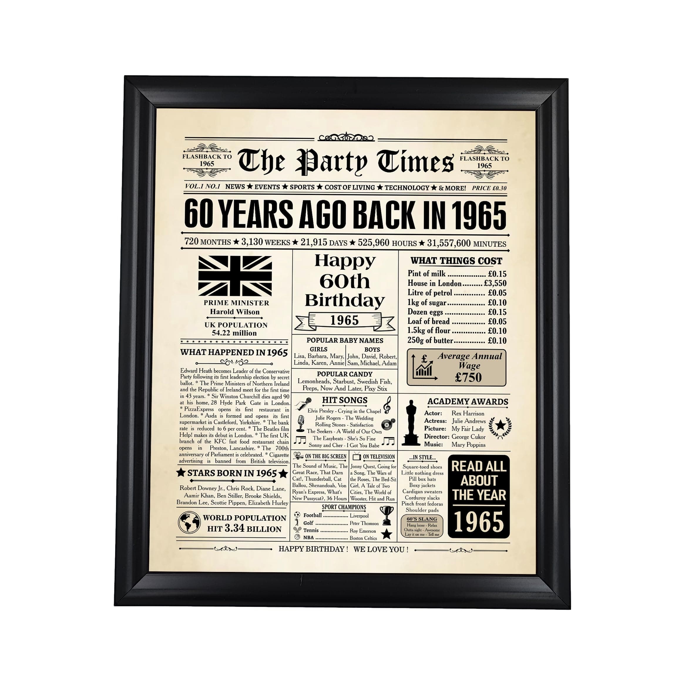 BAYKUL Back in 1965 Posters with Framed, 60th Birthday Decorations for Men and Women 12x10 Inches Posters for Birthday, Vintage 60 Years Anniversary (Framed 1965 Poster)