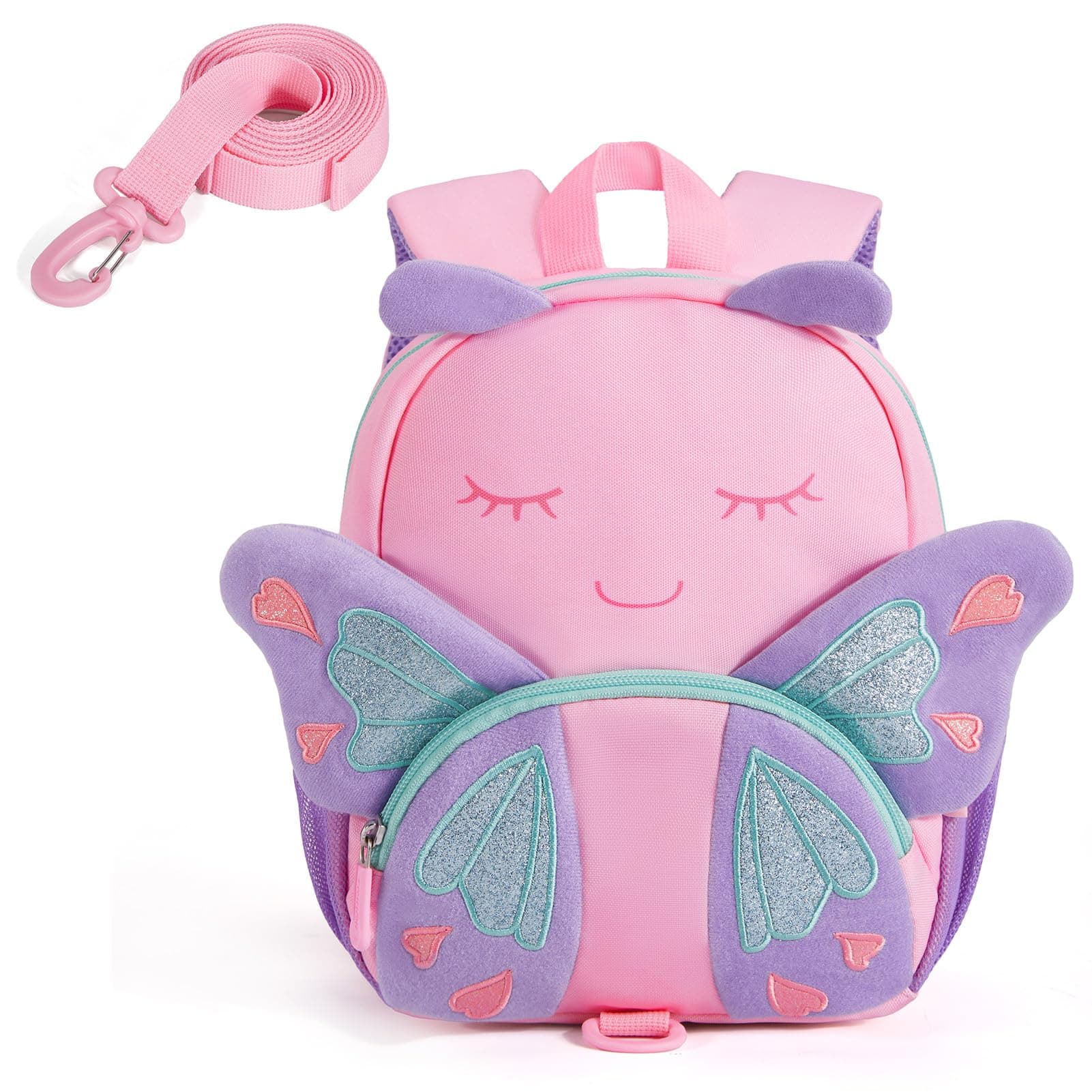 Toddler Backpack for Girls 2-4, 3D Cartoon Cute Kids Backpack Water-Resistant Compact for Travel Preschool with Toddler Leash, Chest Buckle, Butterfly