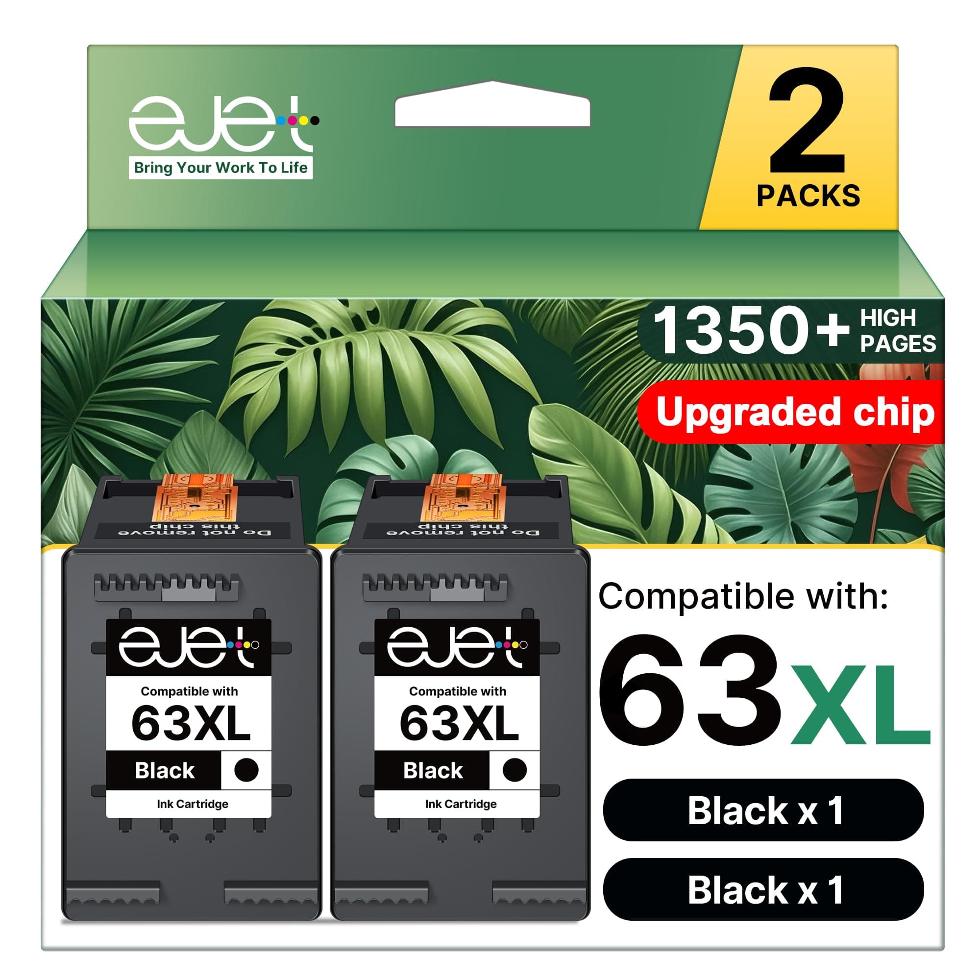 ejet 63XL Black Ink Cartridge Replacement for HP Ink 63 for HP 63 Black Ink Cartridge Work with Officejet 3830 4650 4652 4655 5200 5252 5255 5258 Envy 4520 4512 1112 2132 3630 3632 Printers (2 Pack)