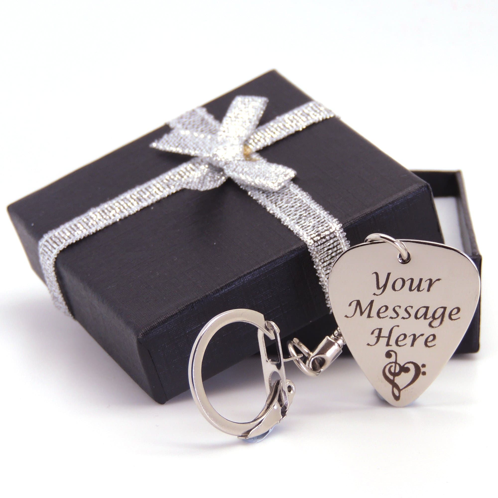 Personalised Engraved Stainless Steel Guitar Pick Plectrum Keyring with Black Gift Box BOLD CONTRASTING ENGRAVING - GIFT WEDDING MUSIC PRESENT CHRISTMAS BIRTHDAY
