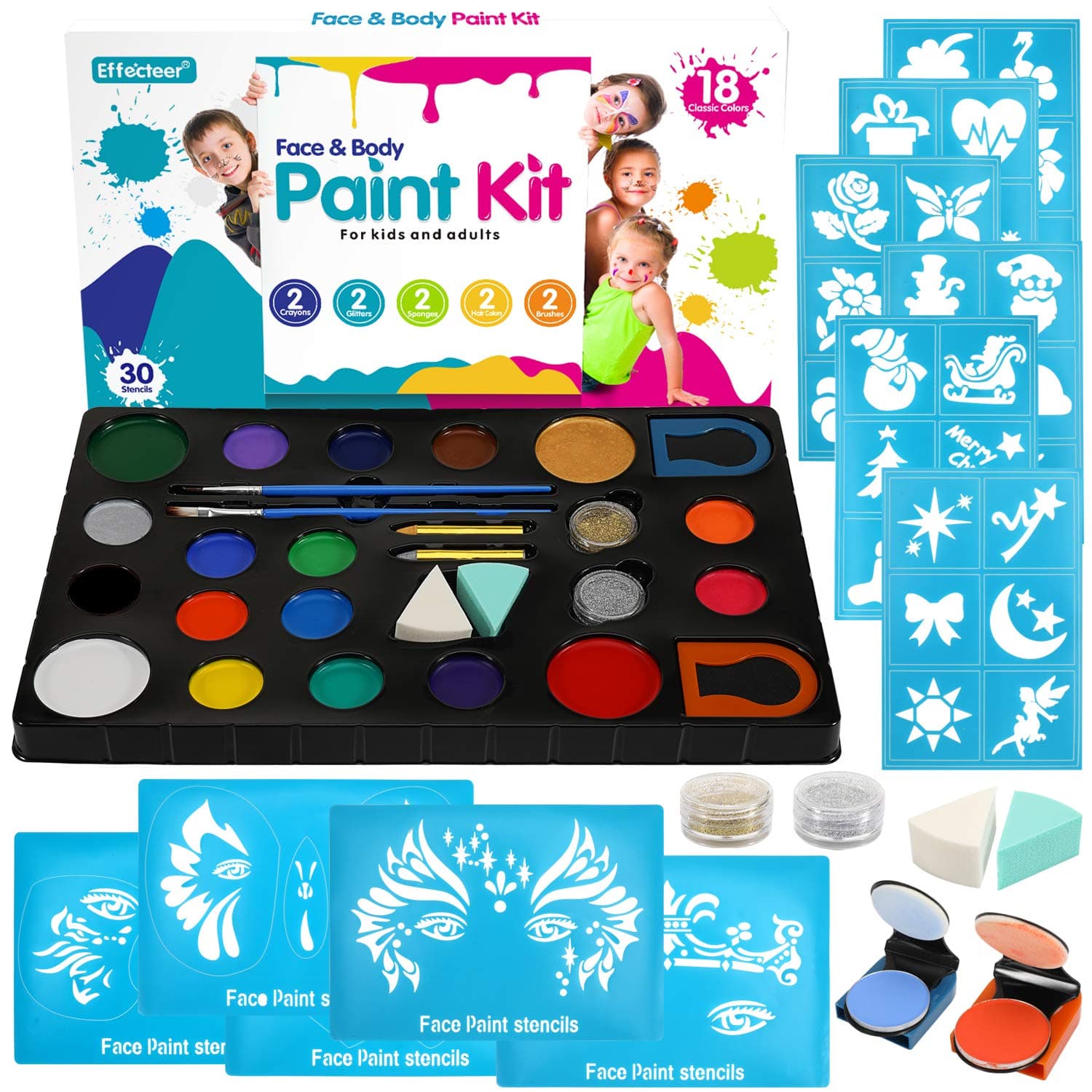 Face Paint Kit for Kids, 18 Large Water Based Paints, 4 Large Stencils, 36 Small Stencils, Professional Non-Toxic Face Painting Makeup Kits for Halloween or Birthday Party, Safe to Sensitive Skin