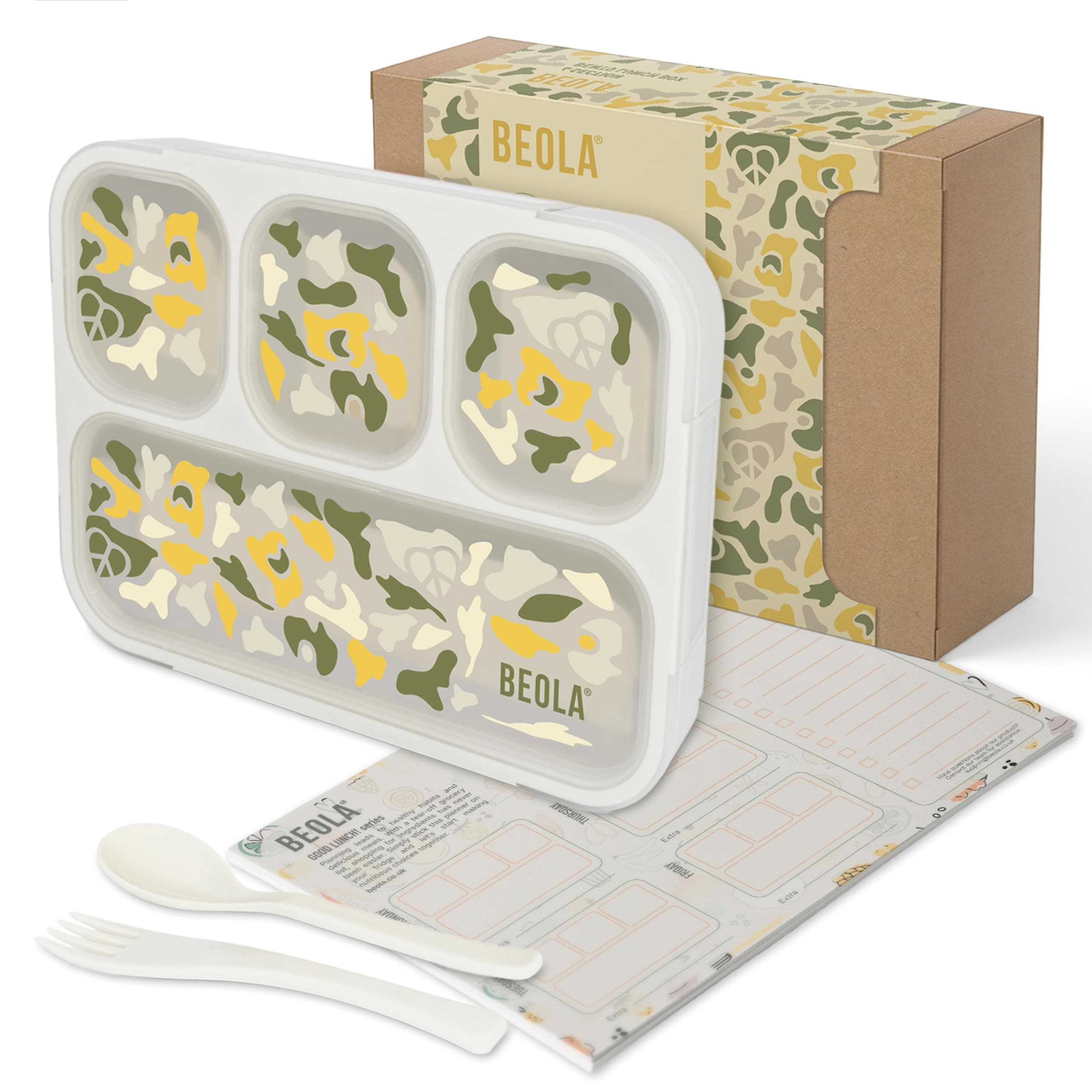 Lunch Box for Kids Adults, Multi Compartment Lunch Bento with Magnetic Meal Planner, 3 or 4 Compartment Snack Box, BPA free, with Cutlery Set (4Sand Camo)