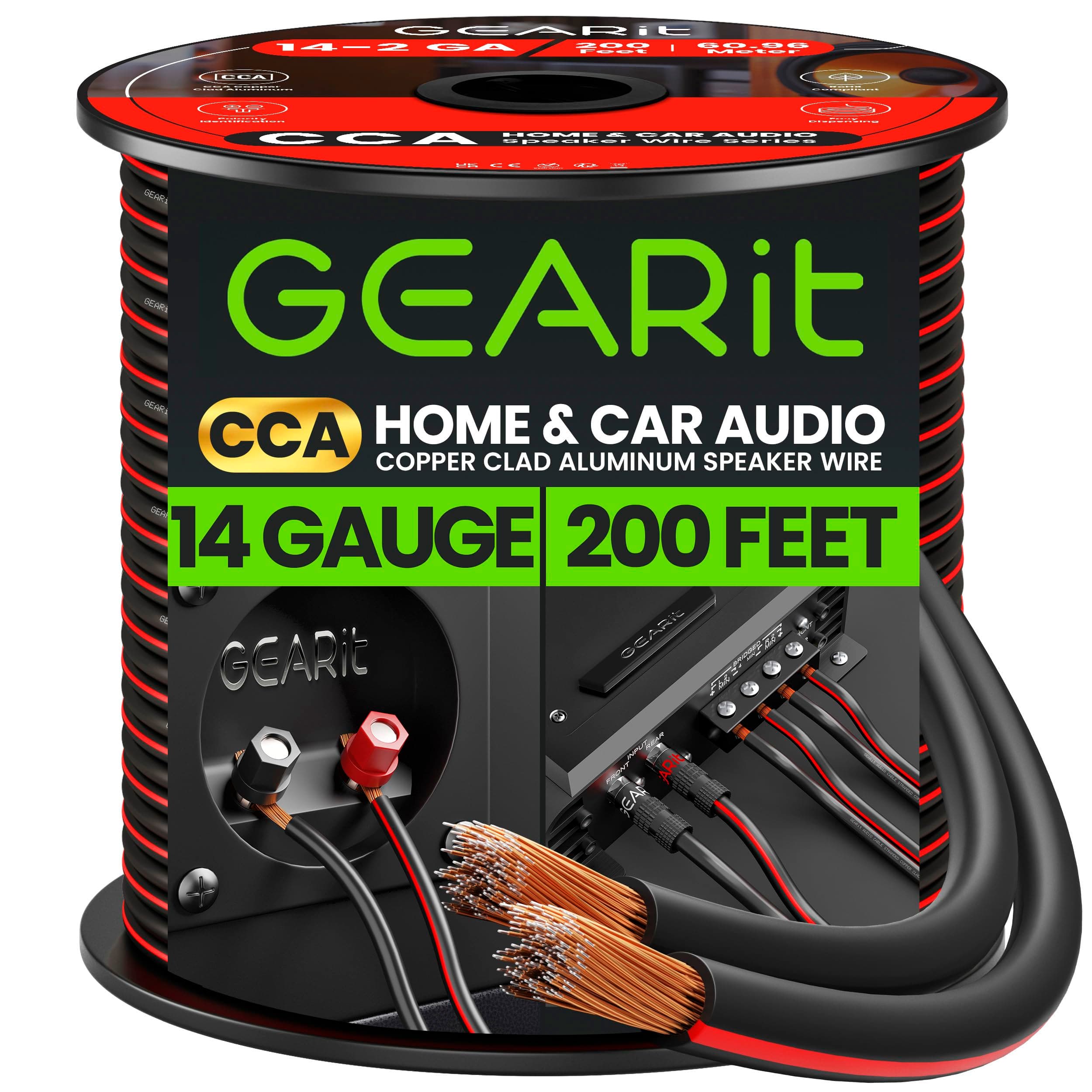 スピーカーワイヤ 14ゲージスピーカーワイヤー GearIT 14AWG 100フィート 30.48m アウトドアインストール高品質スピーカーワイヤー ブラック 200 Feet GI-SPKR-14AWG-CC-200FT