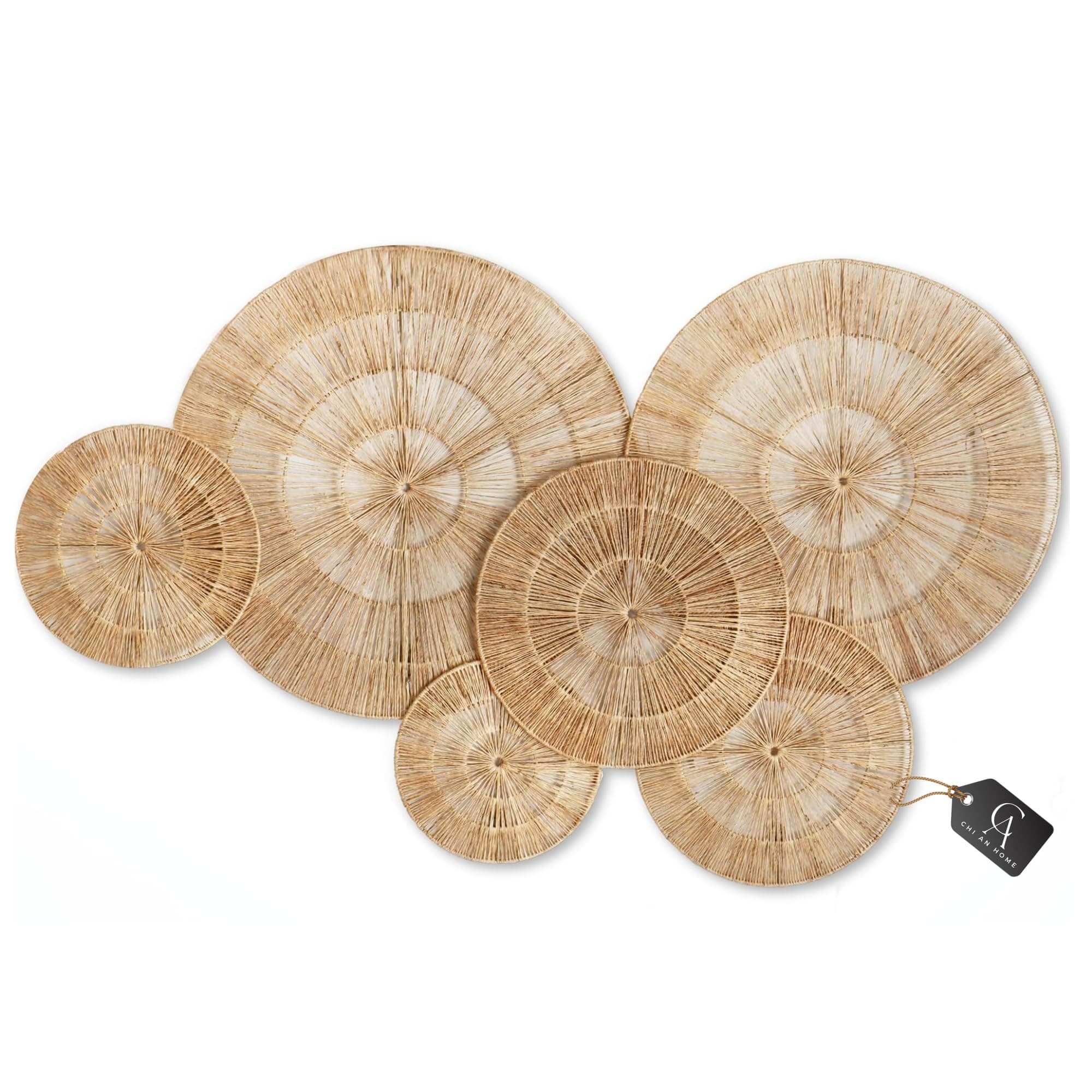 CHI AN HOME Wicker 23 Inch Jute Wall Decor Baskets, Set of 6 Extra Large Woven Jute Wall Plates, 23",21",15",13",12,10", Decorative Baskets for Wall Arts, Wall Hanging for Bedroom, Living Room, Office