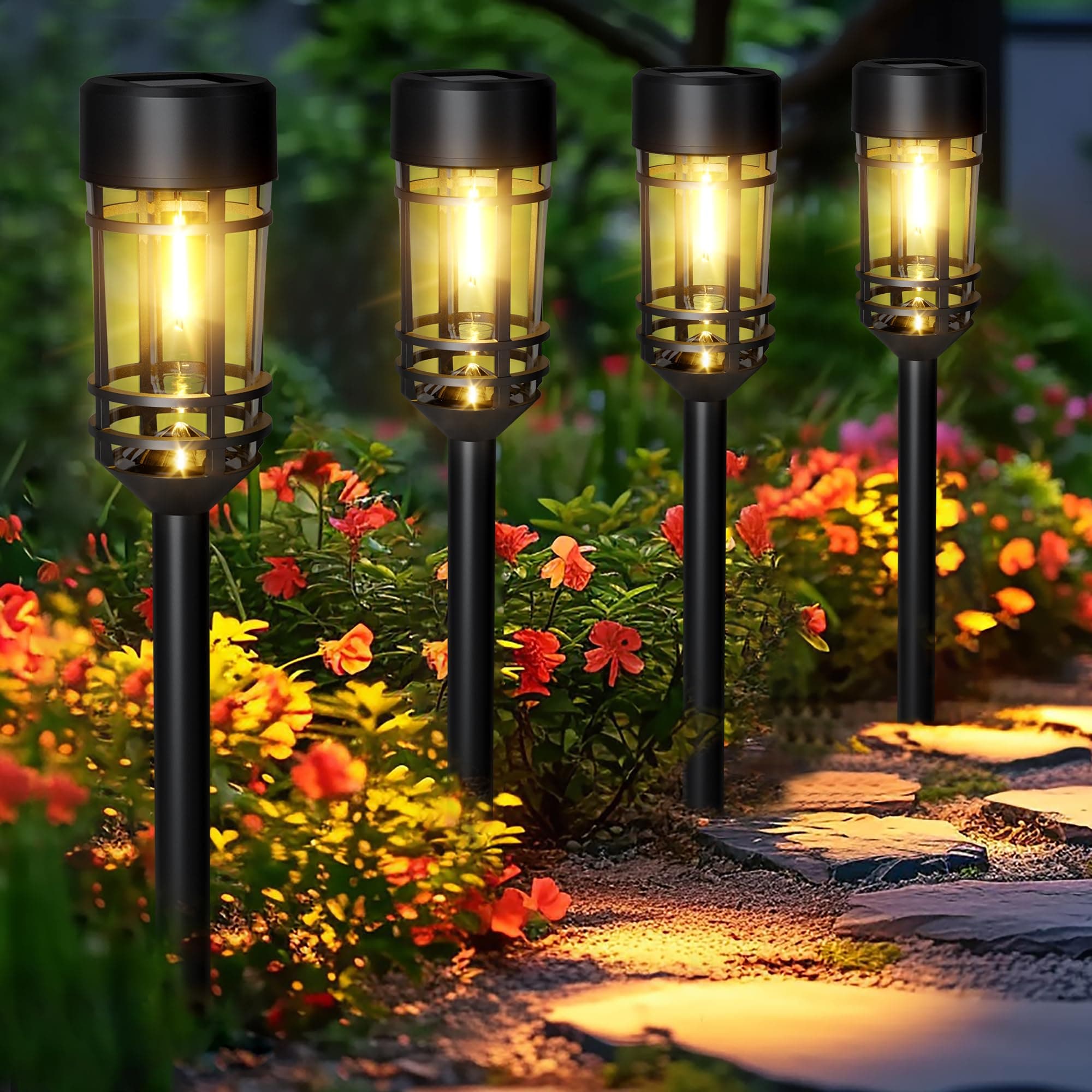 Solar Lights Outdoor Garden 4 Pack, Waterproof Solar Powered Pathway Lights Outdoor, Tungsten Glow for Yard Path Patio Landscape Walkway(Warm White)