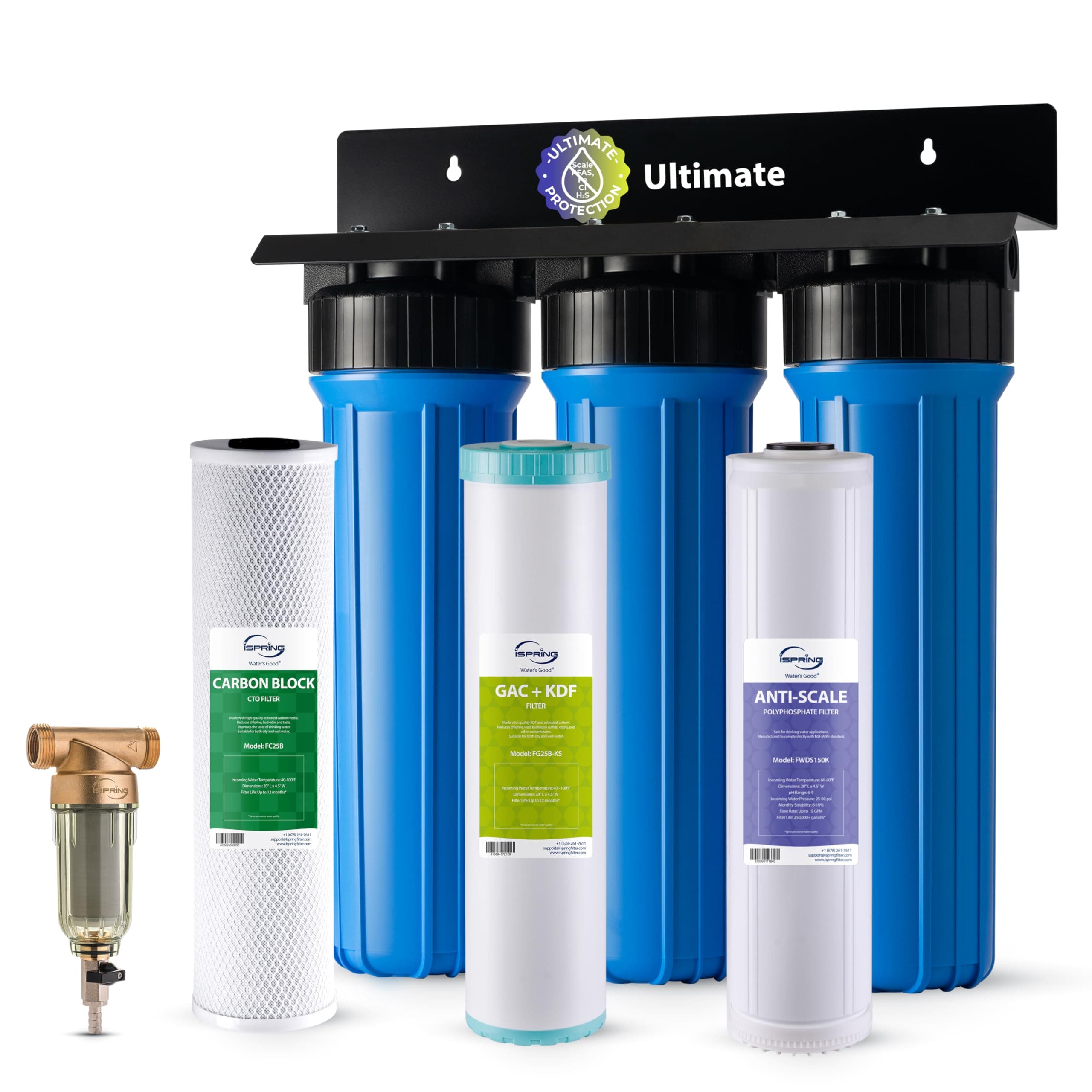Whole House Water Filter System w/Spin Down Sediment Filter, Polyphosphate Anti-Scale, GAC+KDF, and Carbon Block Water Filters, Water Descaler and Water Filter, Model: WGB32B-KDS+WSP50