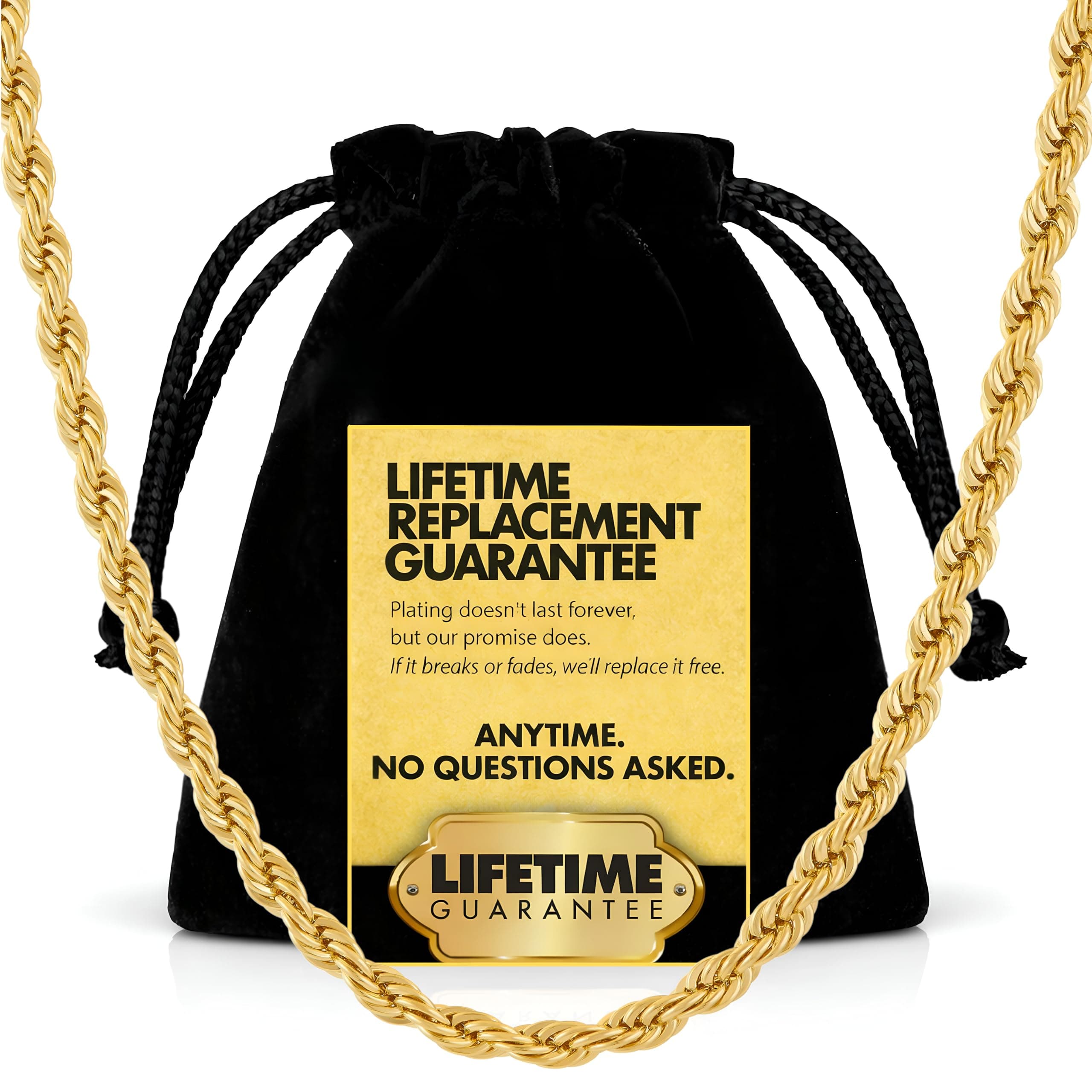 LIFETIME JEWELRY Gold Rope Chain for Men & Women - Diamond Cut 24k Real Gold Plated Gold Necklace - Lifetime Replacement - Durable Clasp - 4mm