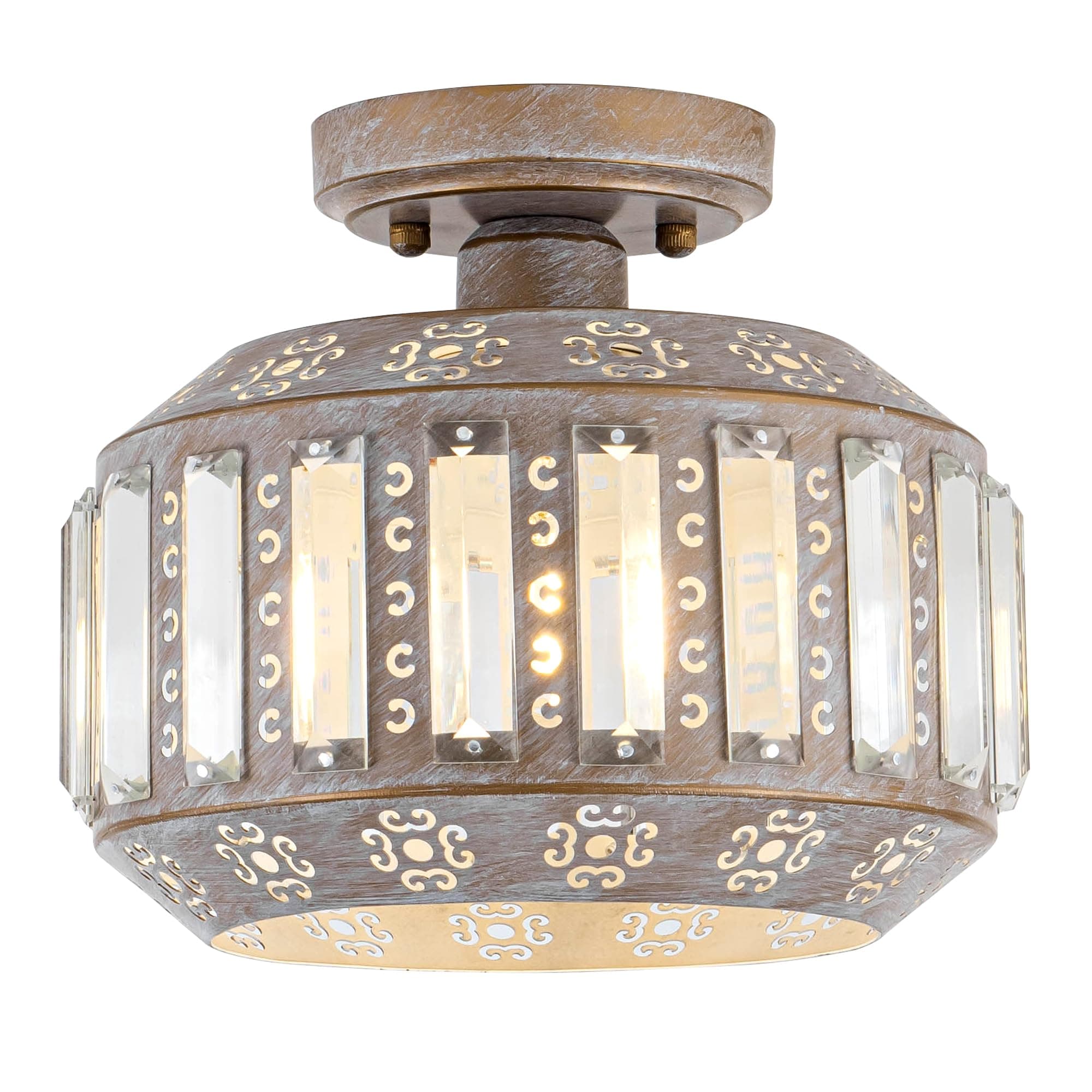 Rustic Crystal Ceiling Light, Semi Flush Mount Ceiling Light in Vintage Brass Finish, Modern Light Fixture for Bedroom, Hallway, Entryway, or Living Room