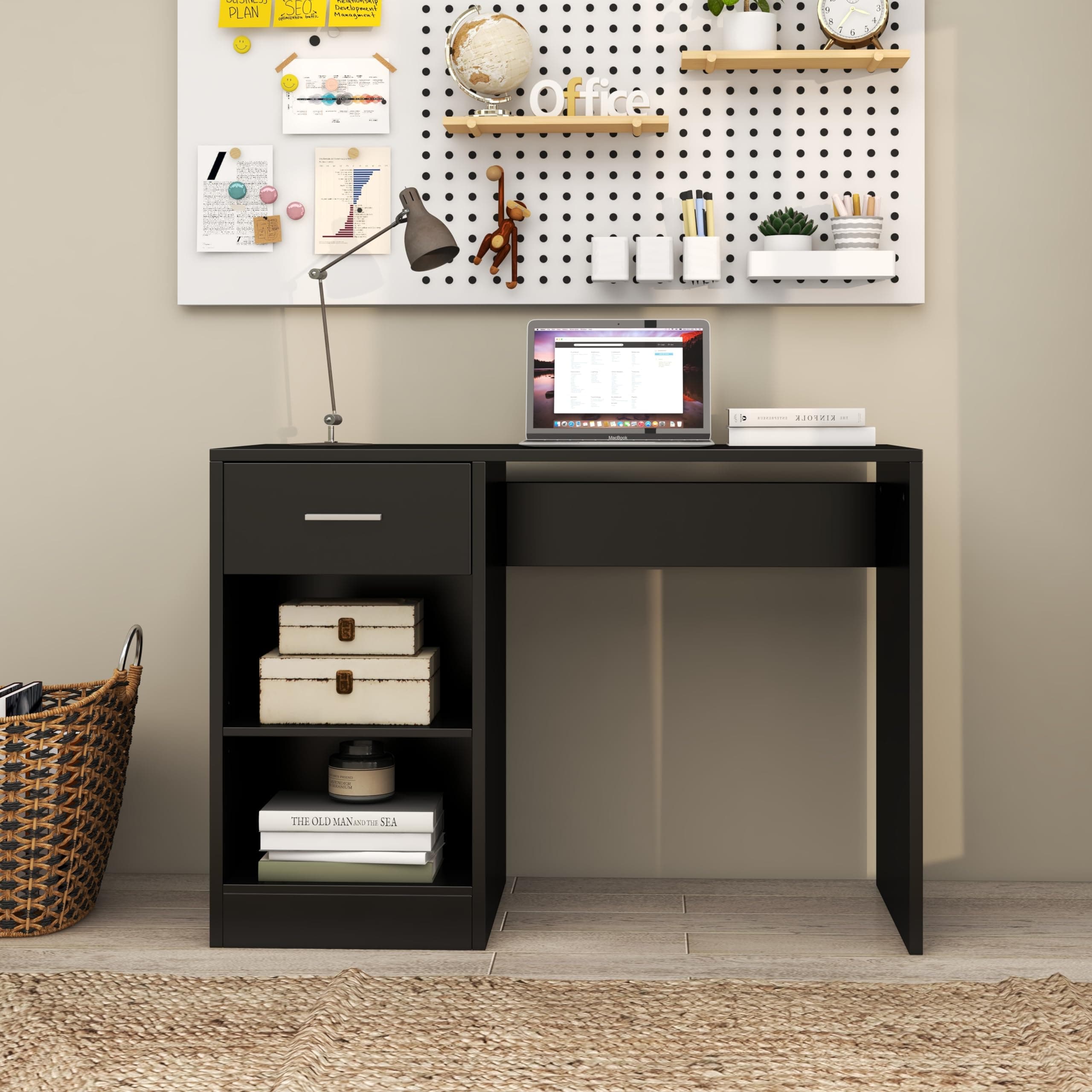 Panana Computer Desk 1 Drawer Home Office Writing Study Desk, Modern Simple Style PC Table, Dressing Desk (Black)