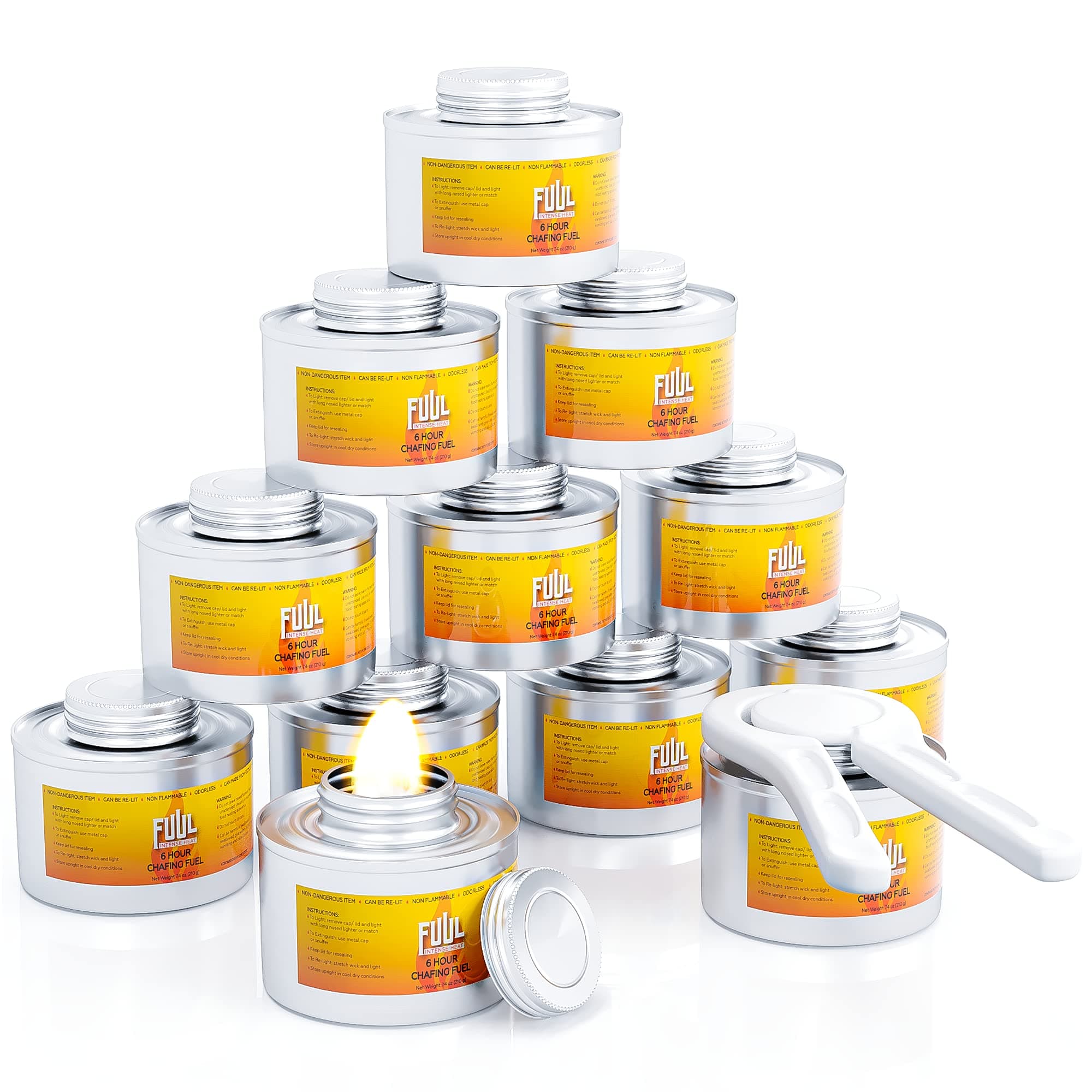 6 Hour Chafing Fuel | 12-Pack Cans for Chafing Dishes | Premium Food Warming Wick Set with Lid Opener | Burner Cans With Steady, Controlled Flame