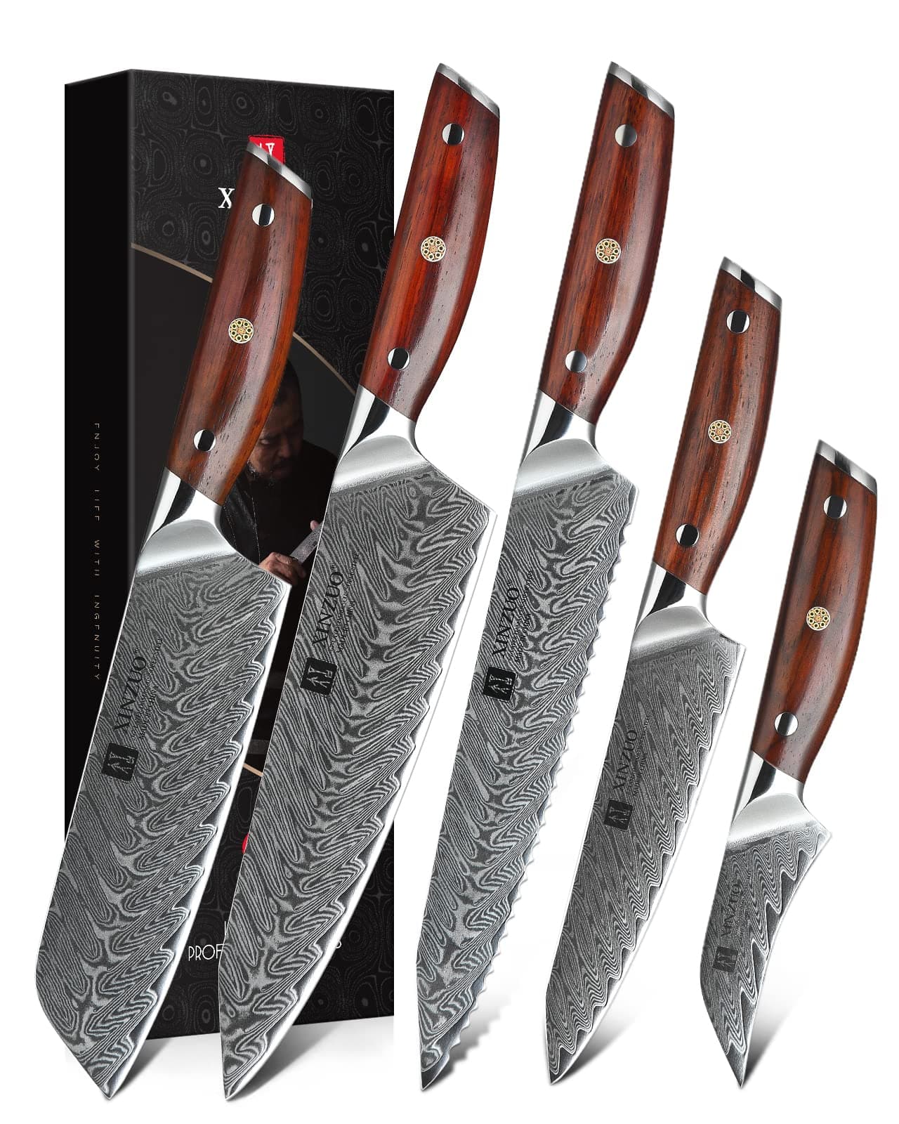 5 Pcs Knife Set, Professional Super Damscus Steel Kitchen Knife Set, Ultra Sharp Blade, Natural Rose Handle, Chef Gift Box-Yi Series