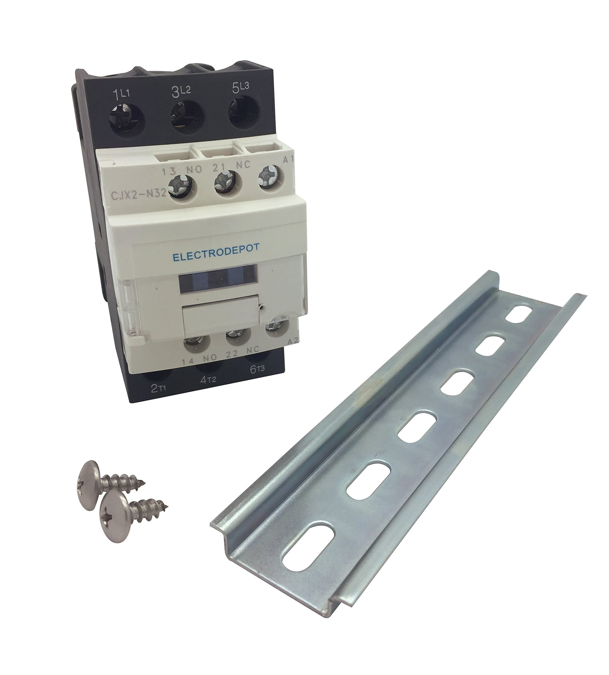 Electrodepot30 Amp 3 Pole Contactor, 110-120V Coil, Motor Load 32A, Lighting 40A, 50A Bundle with Slotted Steel Zinc Plated DIN Rail, 35 Millimeters x 6 Inches – 1 Piece with 2 Number 10 Screws