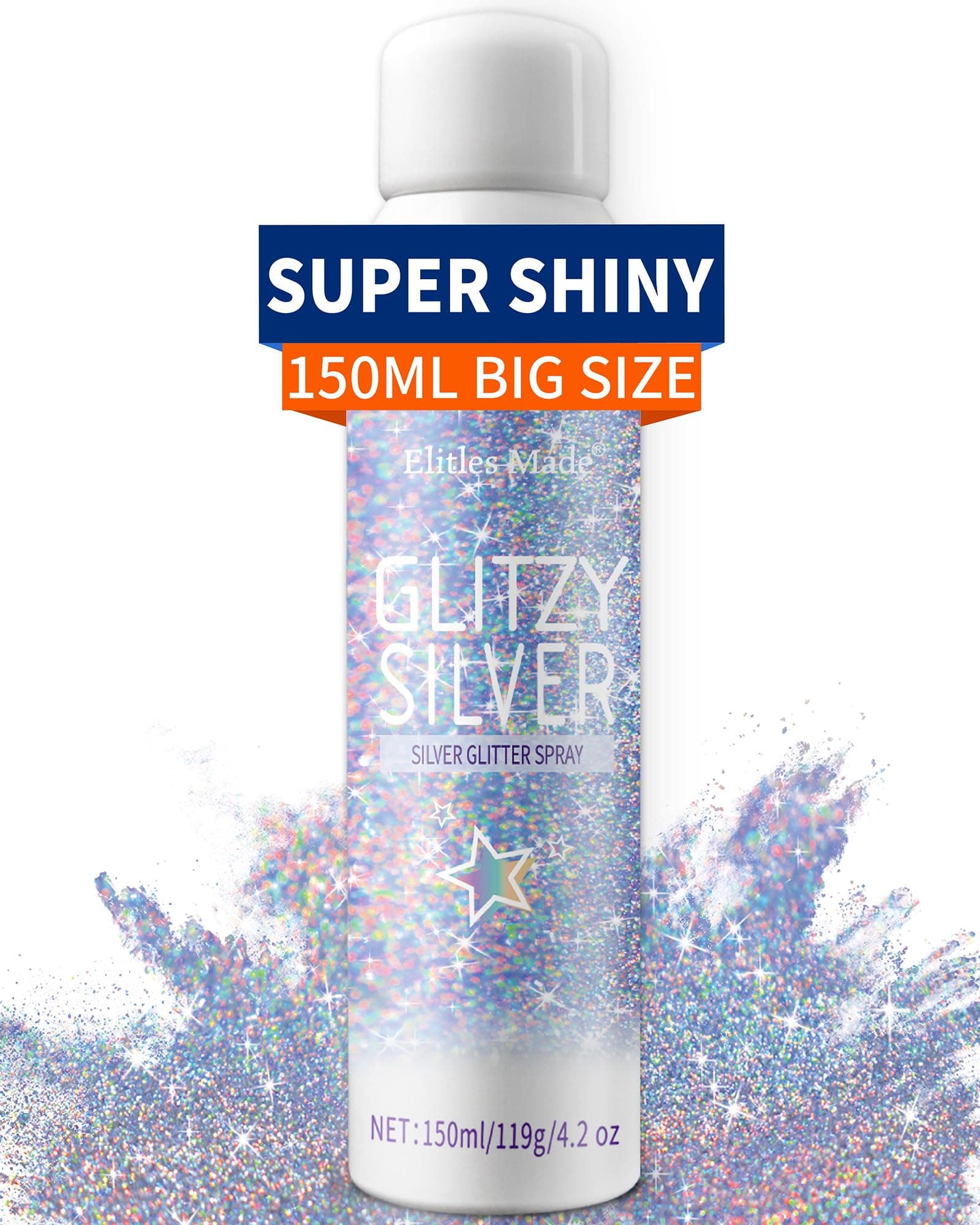 Hair Glitter Body Glitter Spray, 150ML Glitter Hairspray Holographic Silver Glitter Spray for Hair and Body, Hair Glitter for Kids Women, Body Shimmer Festival Makeup 4.2 Fl Oz