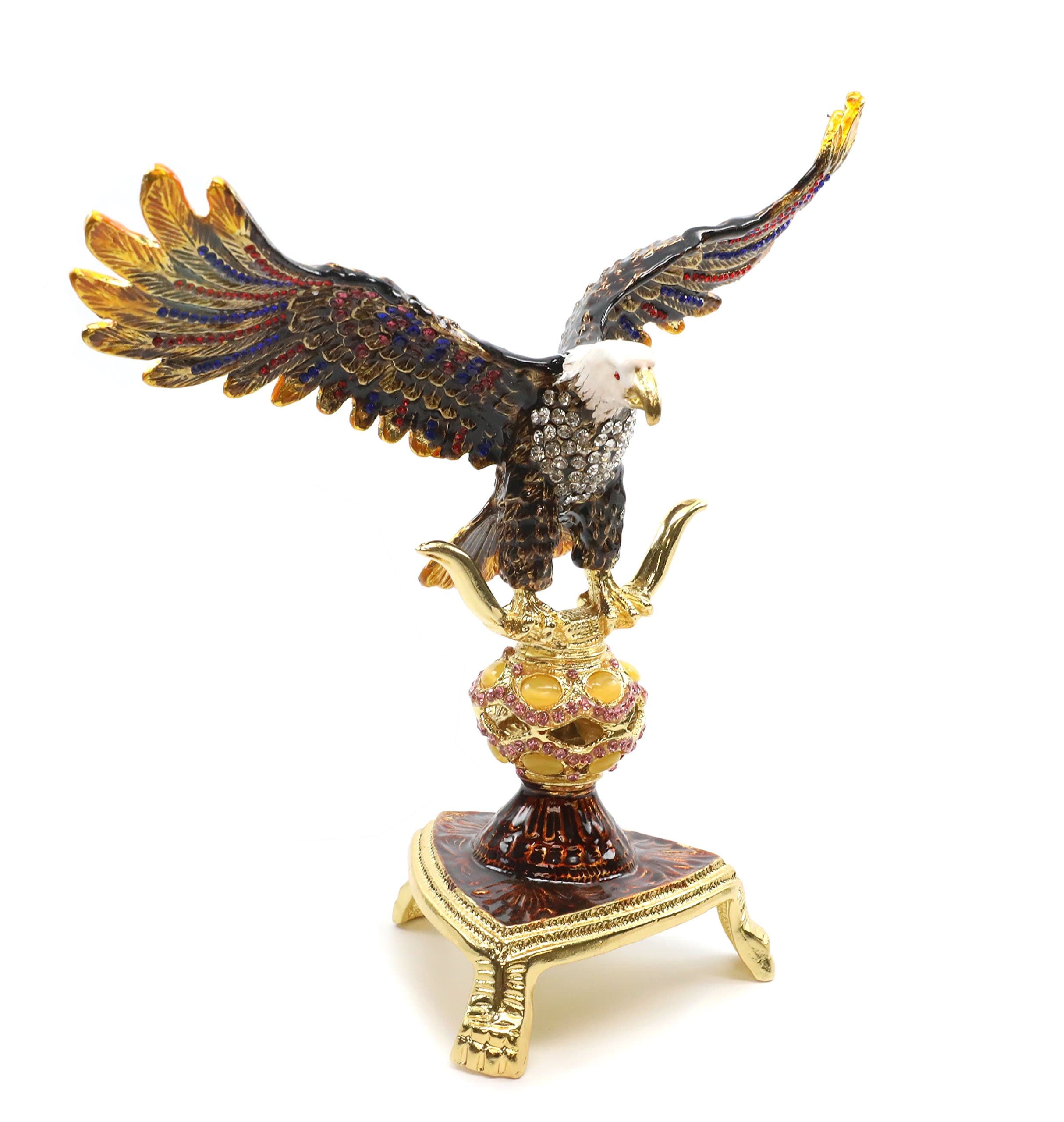 Faberge Box Decorative Enameled Figurines, 24K Gold Trinket Jewelry Box with Swarovski Crystal (Brown Eagle)