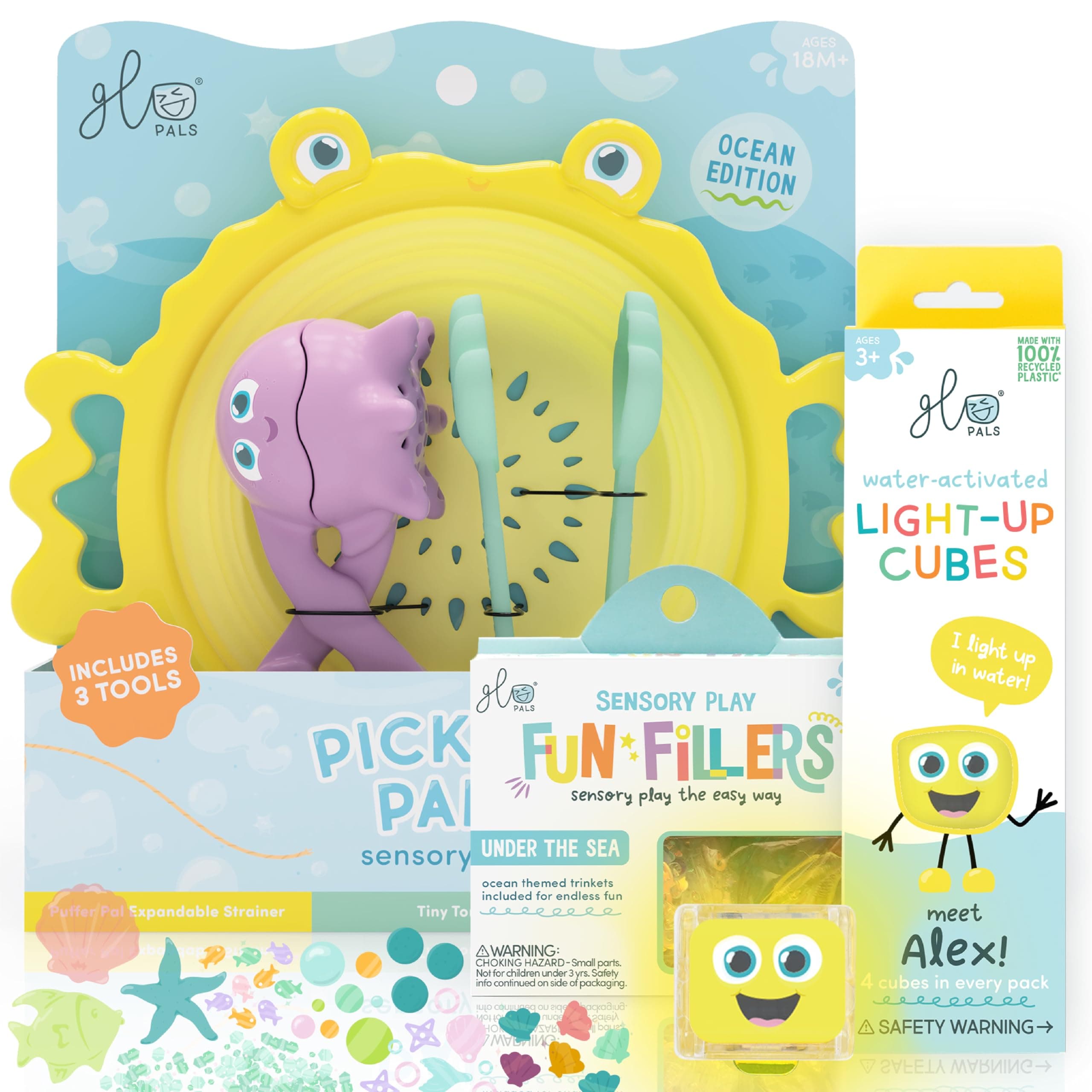 Glo Pals Fine Motor Tools Sensory Play Pack Bundle with Pick-Up Pals Sensory Tools, Yellow Alex Light-Up Cubes, & Under The Sea Fun Fillers (Fun in The Sun)