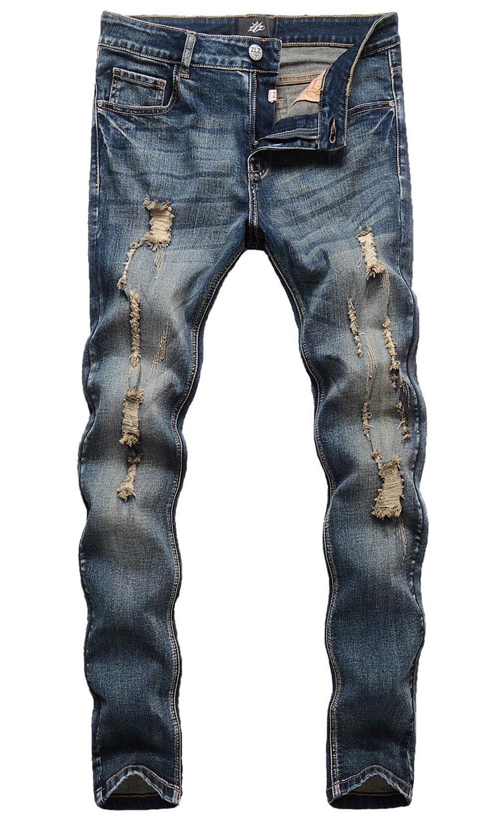 Blue Black Ripped Distressed Jeans for Men Slim Fit, Men's Fashion Design Streetwear Destroyed Jeans Pants Stretch Fit